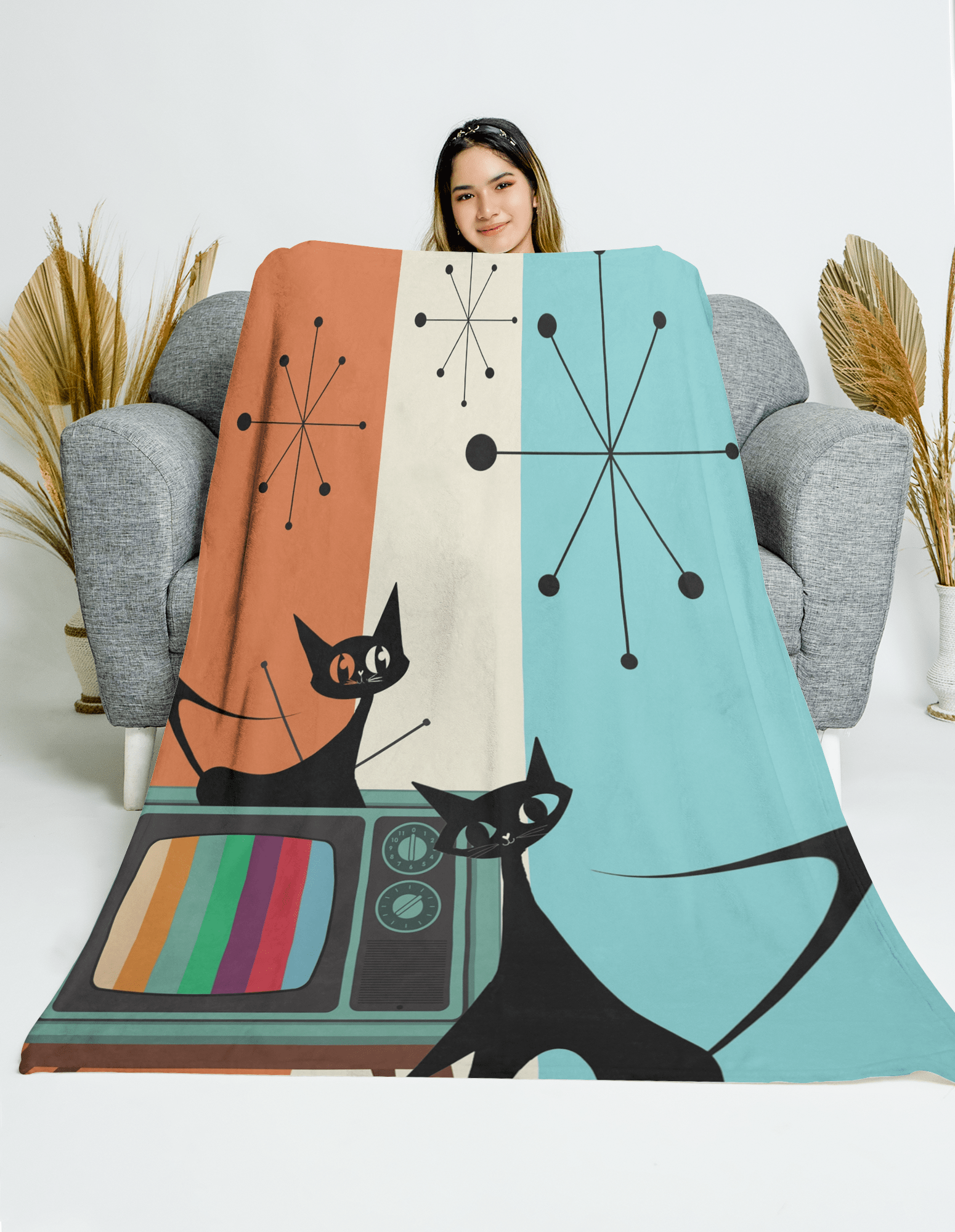 Atomic Cat Retro Colored TV, Starburst, Mid Century Modern, Aqua, Orange, Cream Groovy THIN Velveteen Plush Blanket All Over Prints