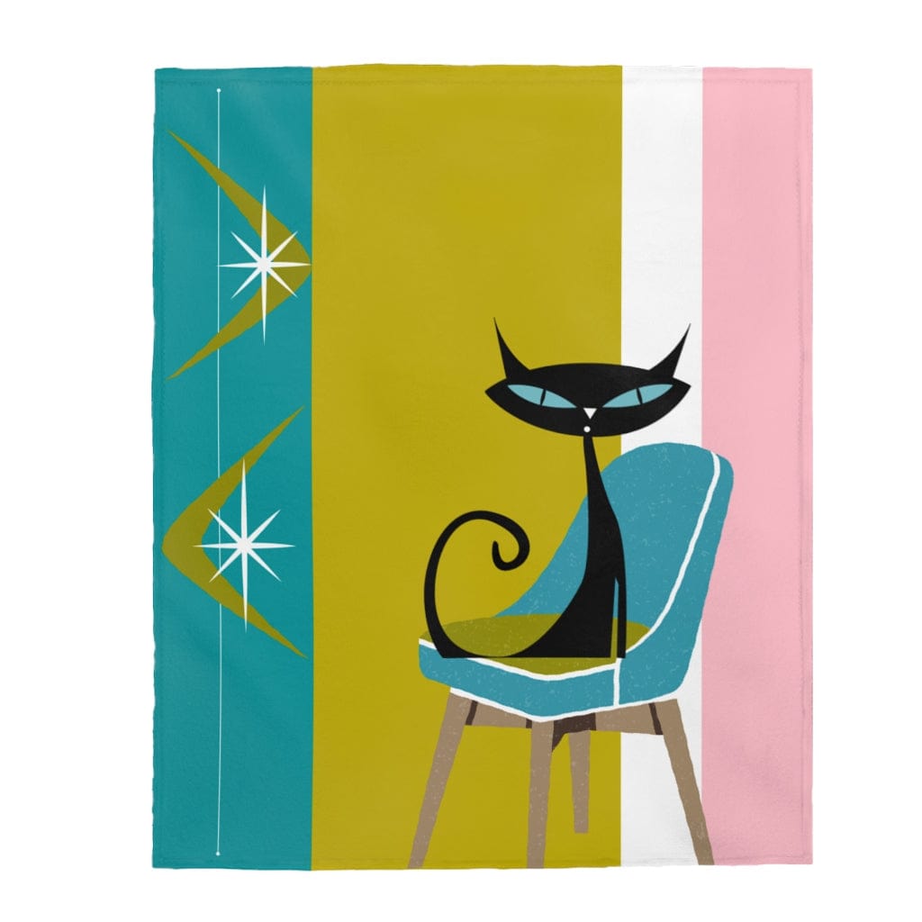 Atomic Cat Retro Mid Century Mod Teal, Green, Pink, White Velveteen Cozy Thin Blanket Throw Home Decor