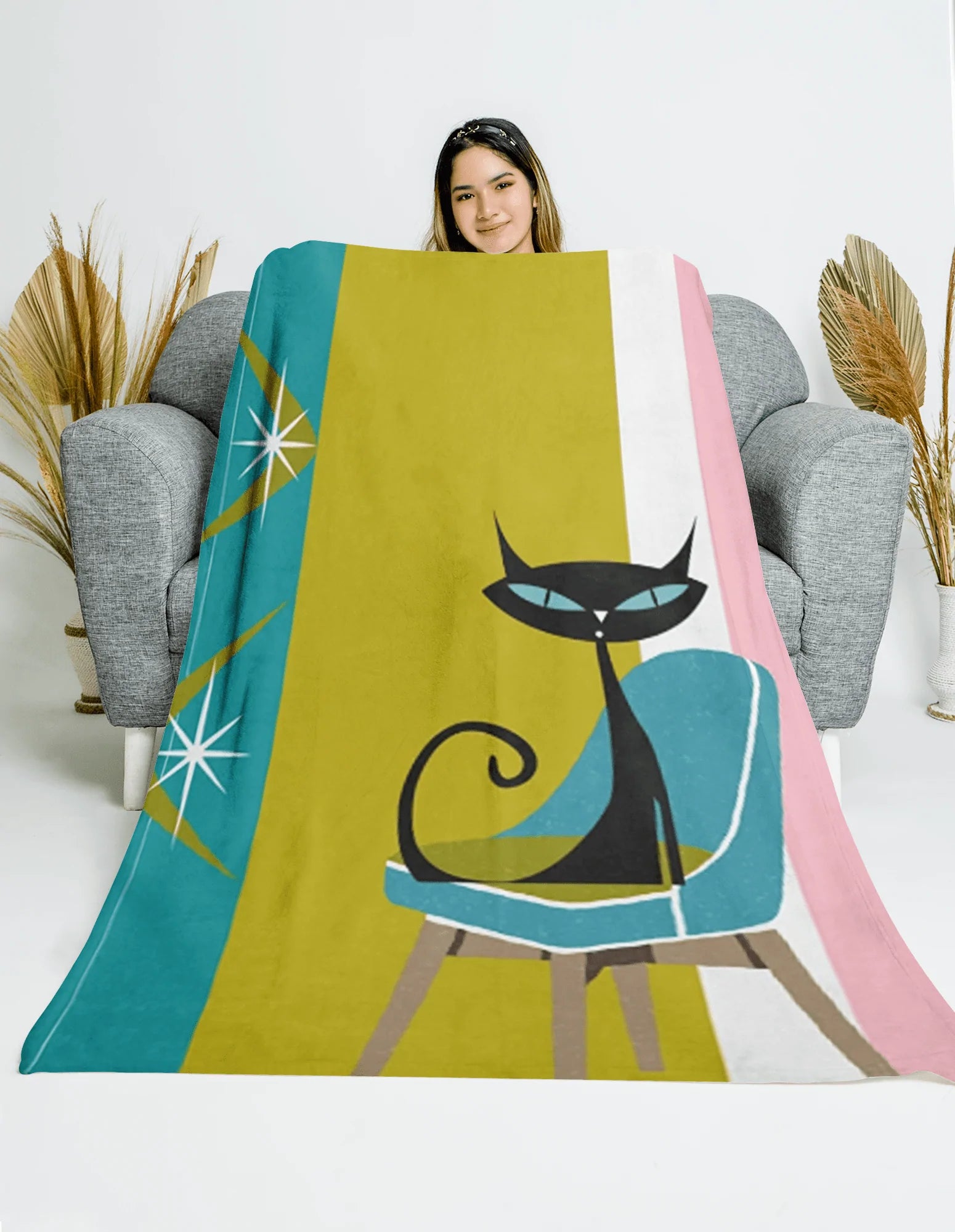 Atomic Cat Retro Mid Century Mod Teal, Green, Pink, White Velveteen Cozy Thin Blanket Throw Home Decor
