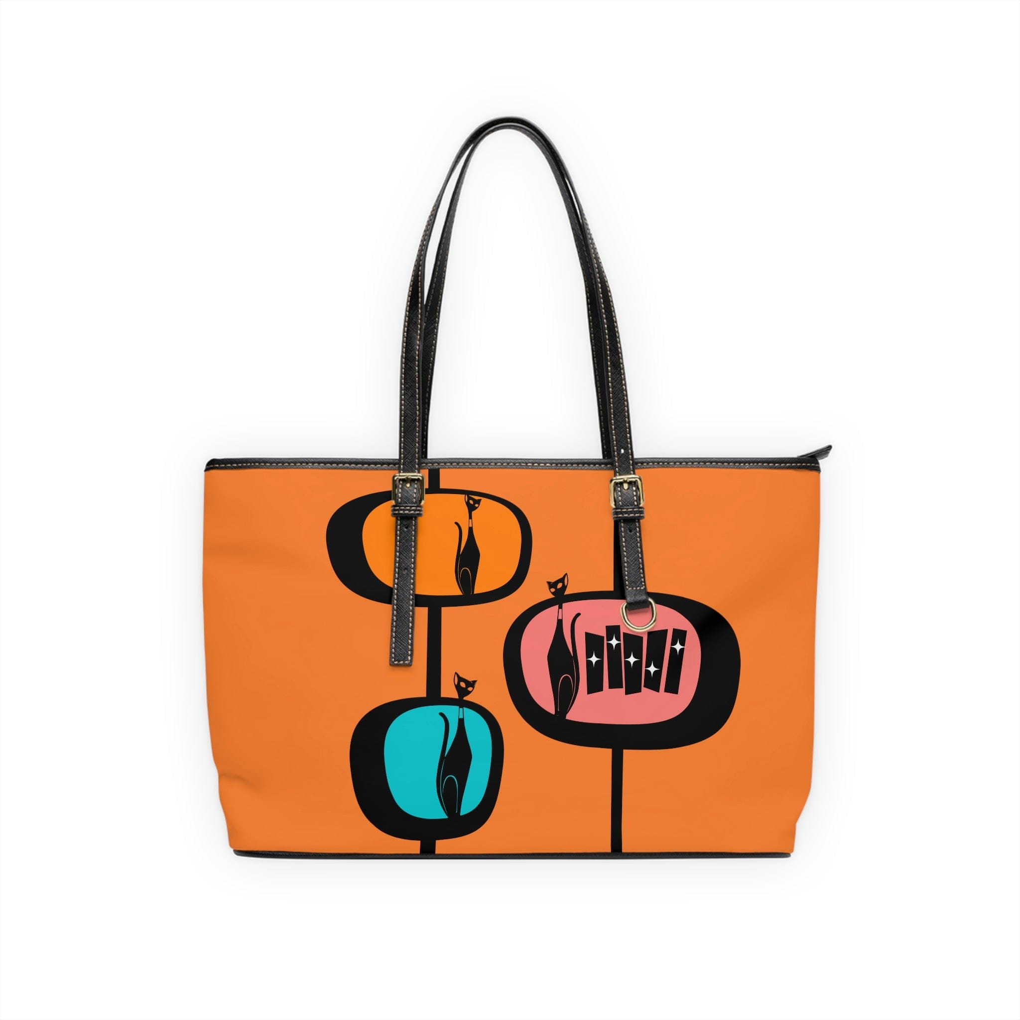 Atomic Cat, Retro Orange, Geometric, Mid Century Modern Style PU Leather Shoulder Bag Bags