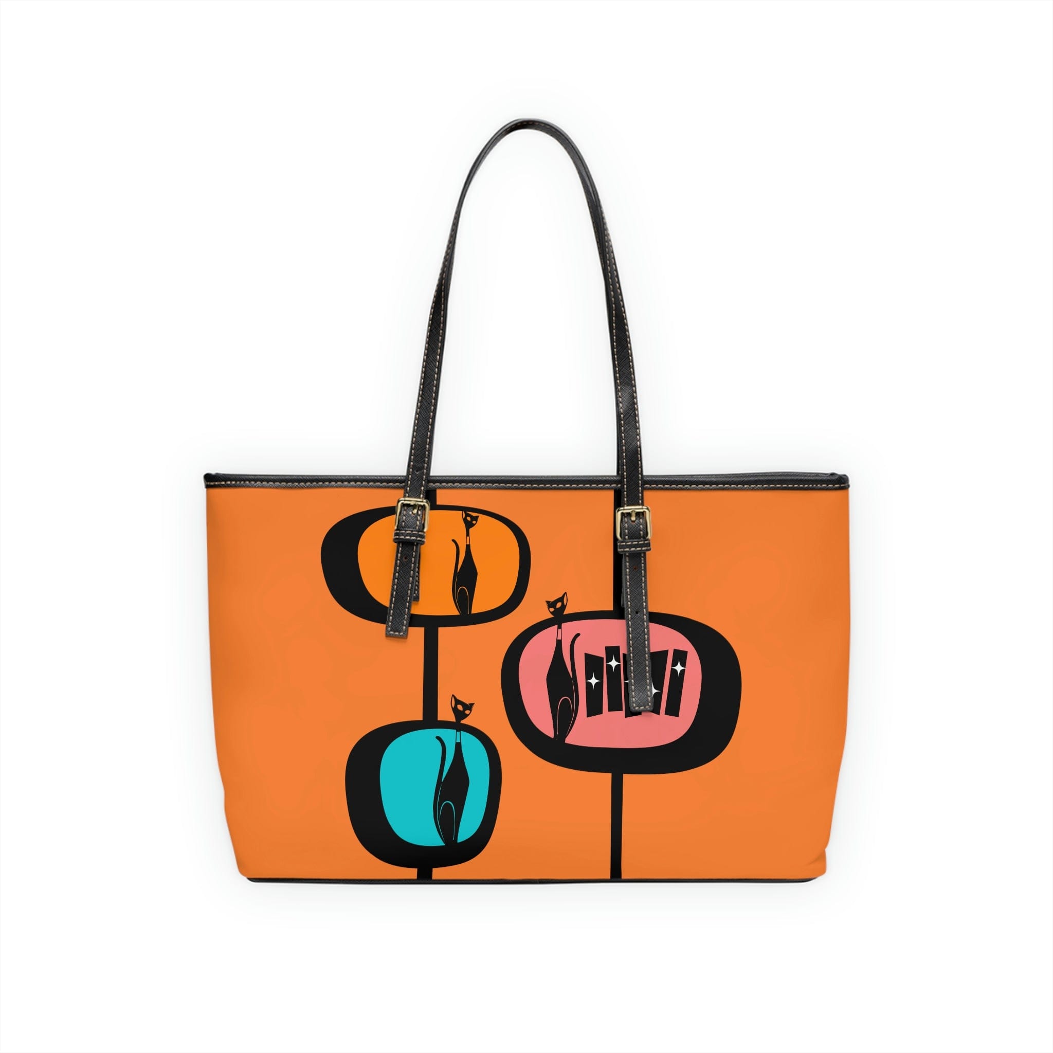 Atomic Cat, Retro Orange, Geometric, Mid Century Modern Style PU Leather Shoulder Bag Bags