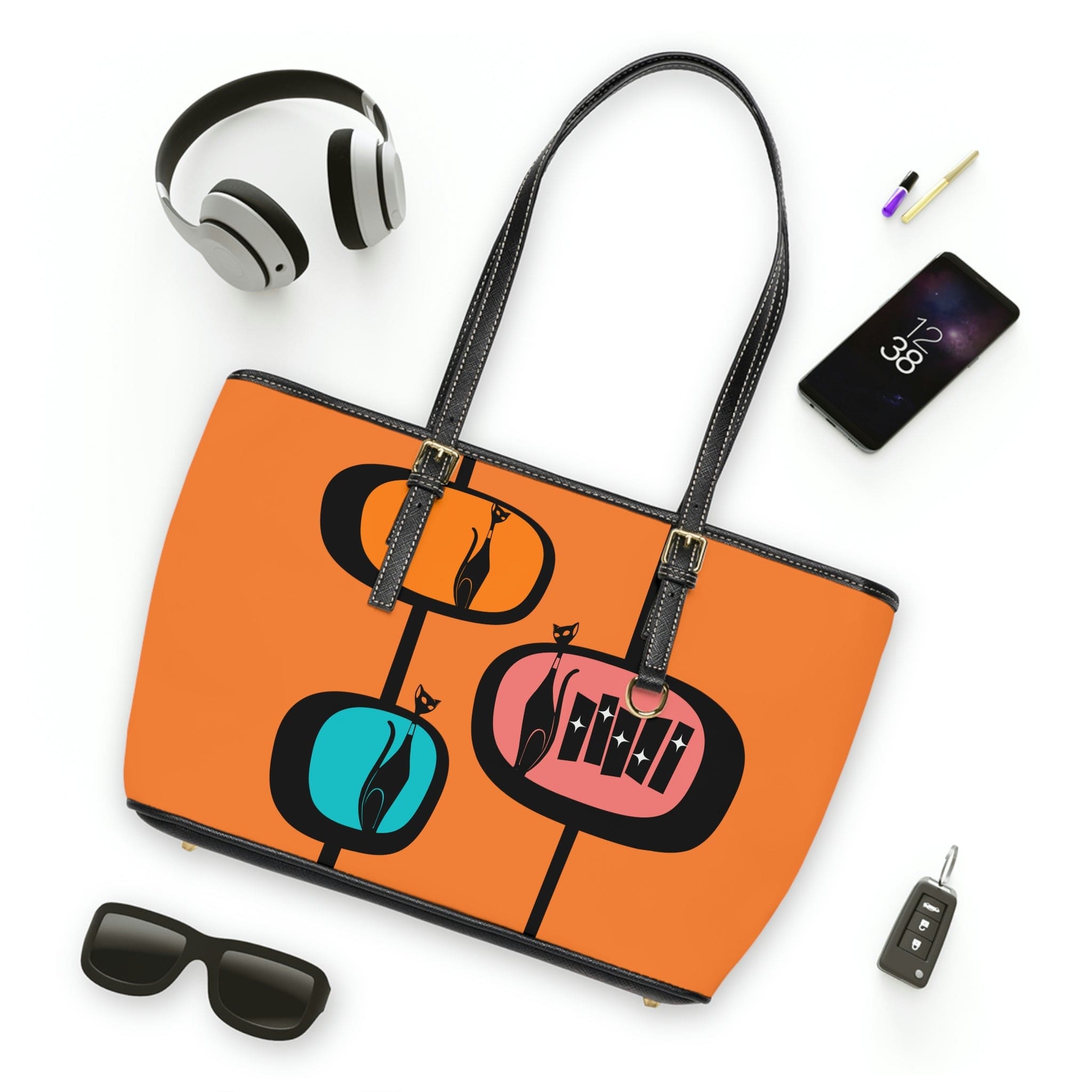 Atomic Cat, Retro Orange, Geometric, Mid Century Modern Style PU Leather Shoulder Bag Bags