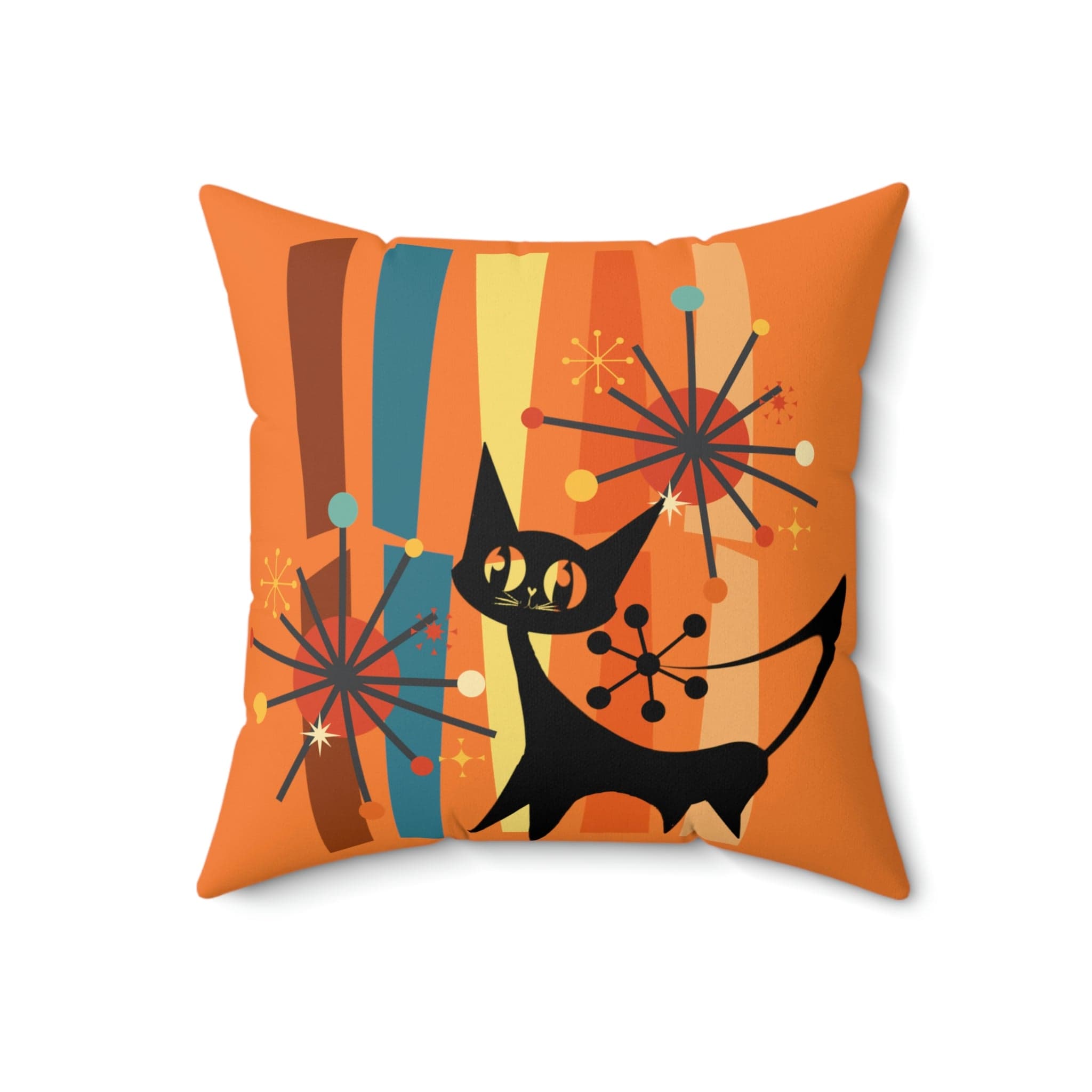 Atomic Cat, Retro Orange, Geometric, Starburst, MCM Black Cat Lover Gift Pillow Cover Home Decor
