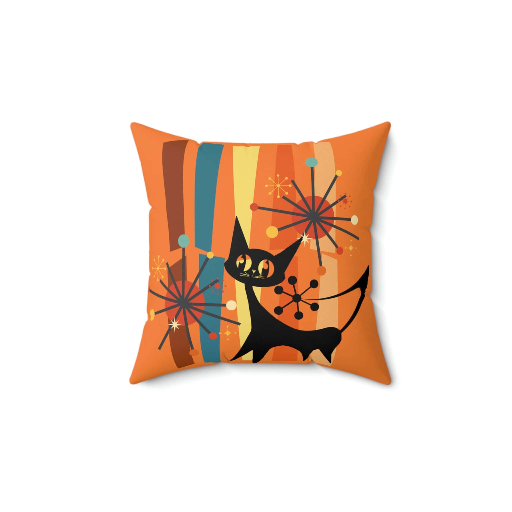 Atomic Cat, Retro Orange, Geometric, Starburst, MCM Black Cat Lover Gift Pillow Cover Home Decor