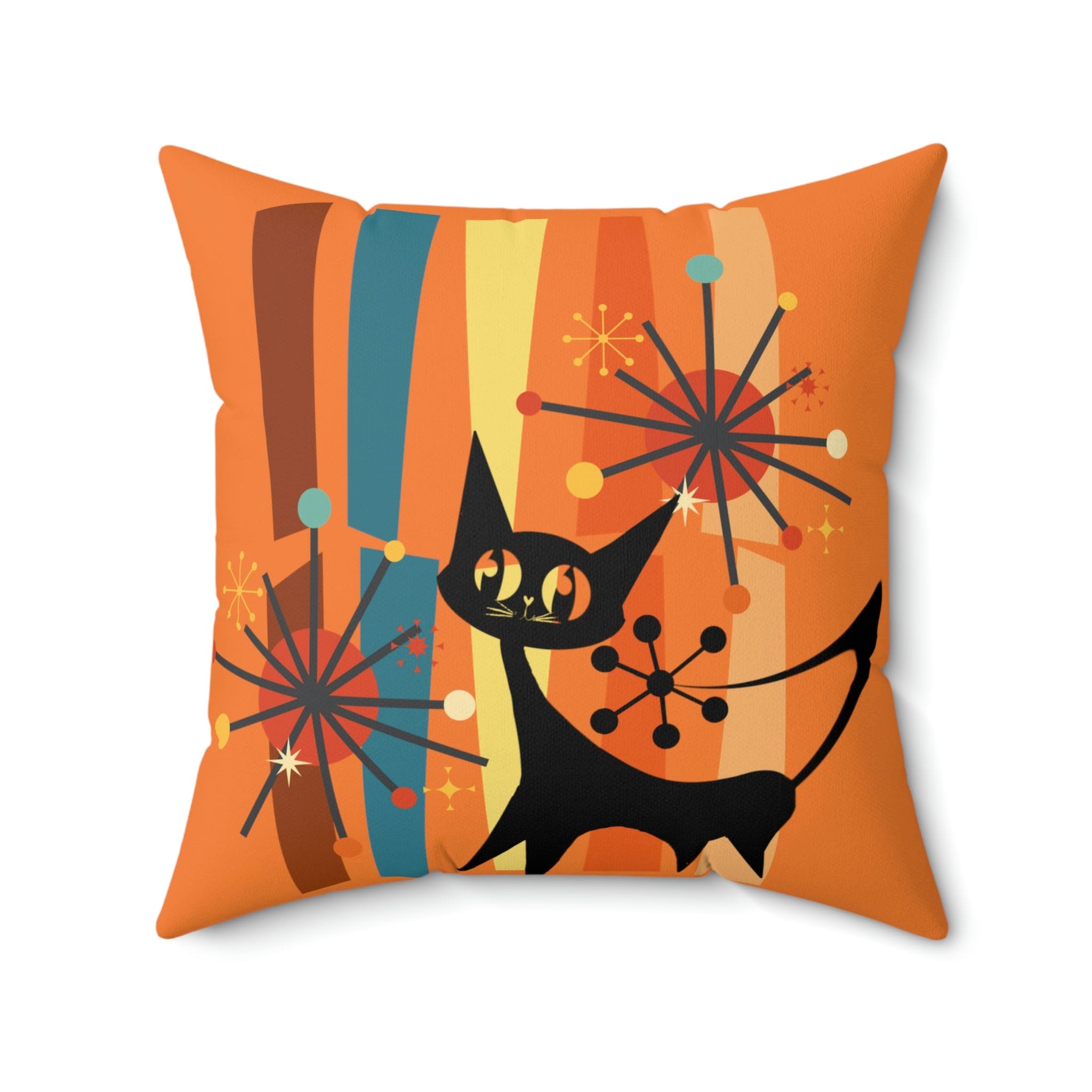 Atomic Cat, Retro Orange, Geometric, Starburst, MCM Black Cat Lover Gift Pillow Cover Home Decor
