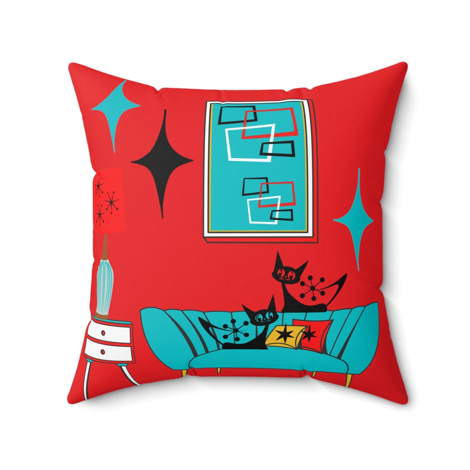 Atomic Cat, Sputnik Red, Aqua Blue, Mid Century Modern Pillow And Insert Home Decor