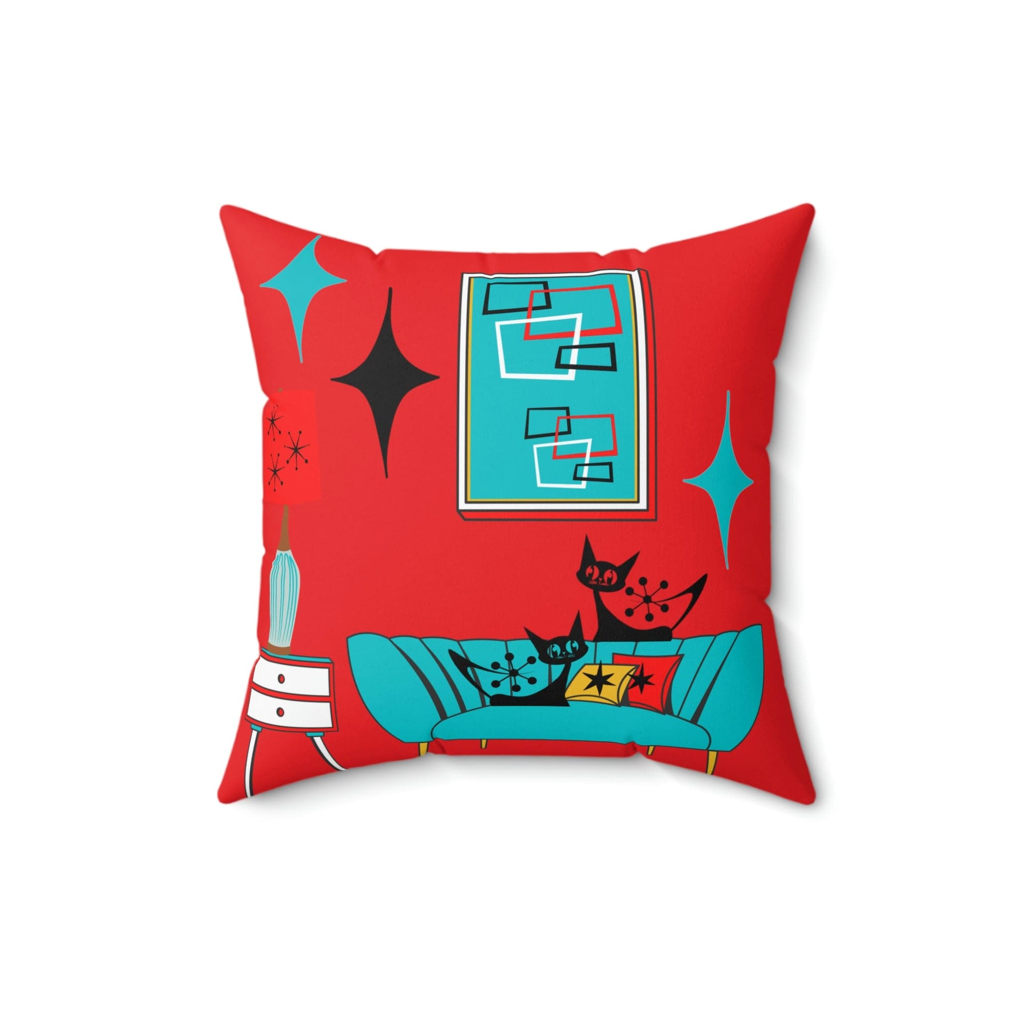 Atomic Cat, Sputnik Red, Aqua Blue, Mid Century Modern Pillow And Insert Home Decor