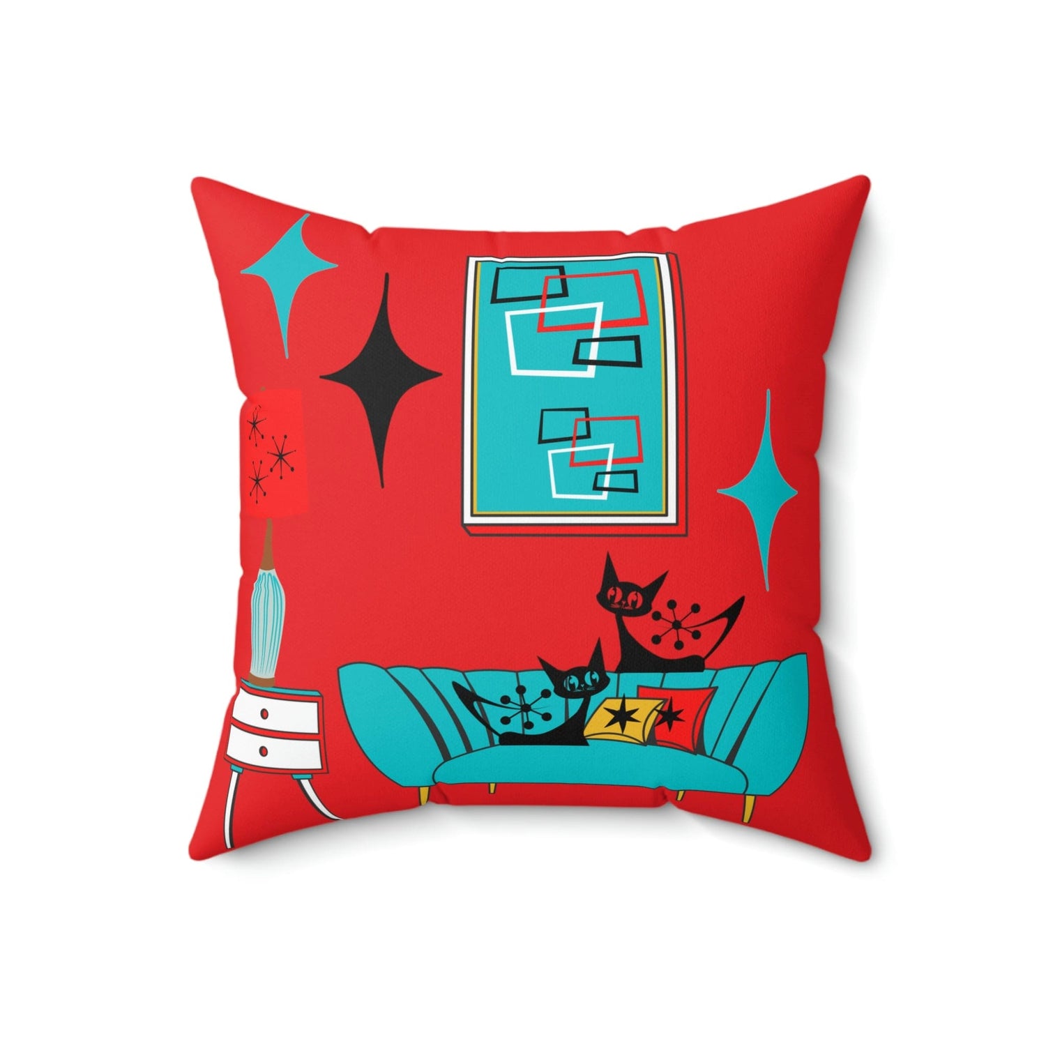 Atomic Cat, Sputnik Red, Aqua Blue, Mid Century Modern Pillow And Insert Home Decor