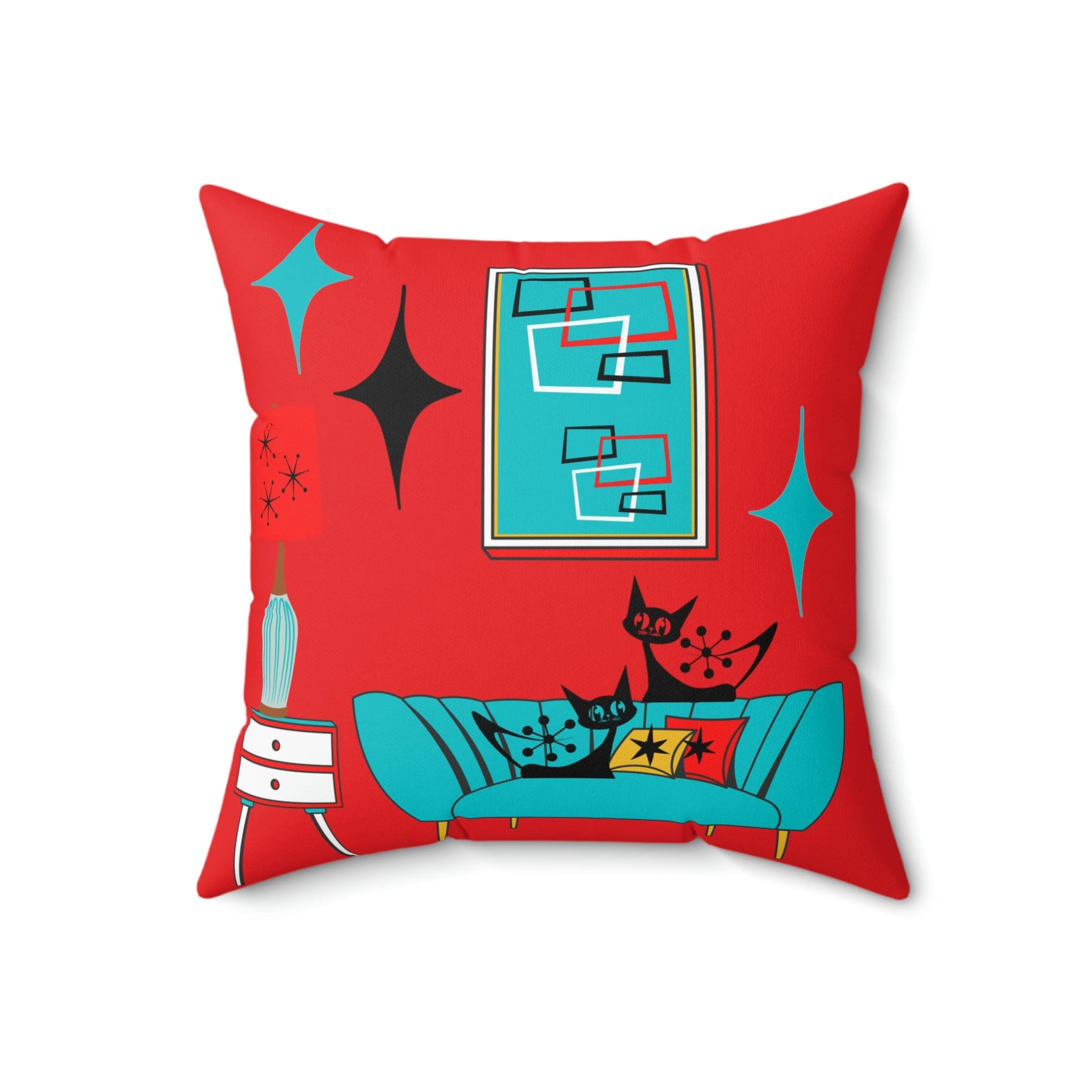 Atomic Cat, Sputnik Red, Aqua Blue, Mid Century Modern Pillow And Insert Home Decor