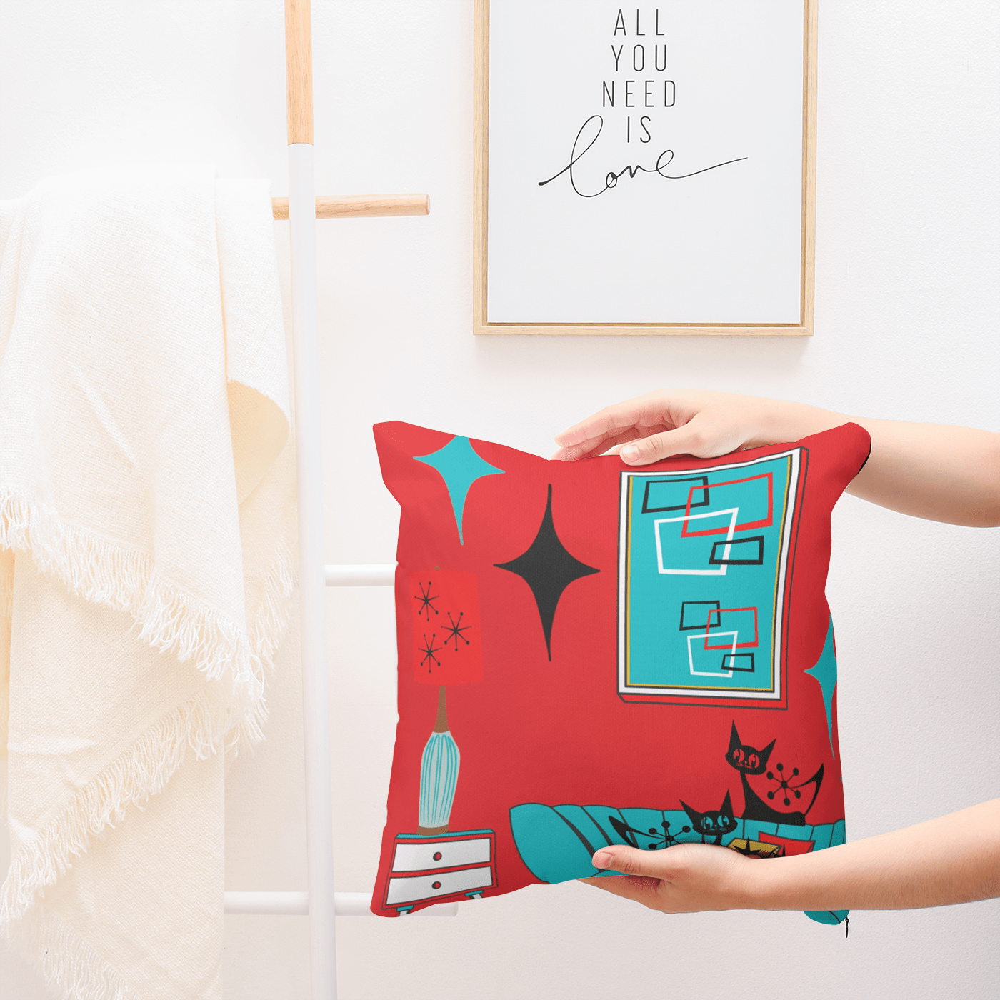 Atomic Cat, Sputnik Red, Aqua Blue, Mid Century Modern Pillow And Insert Home Decor