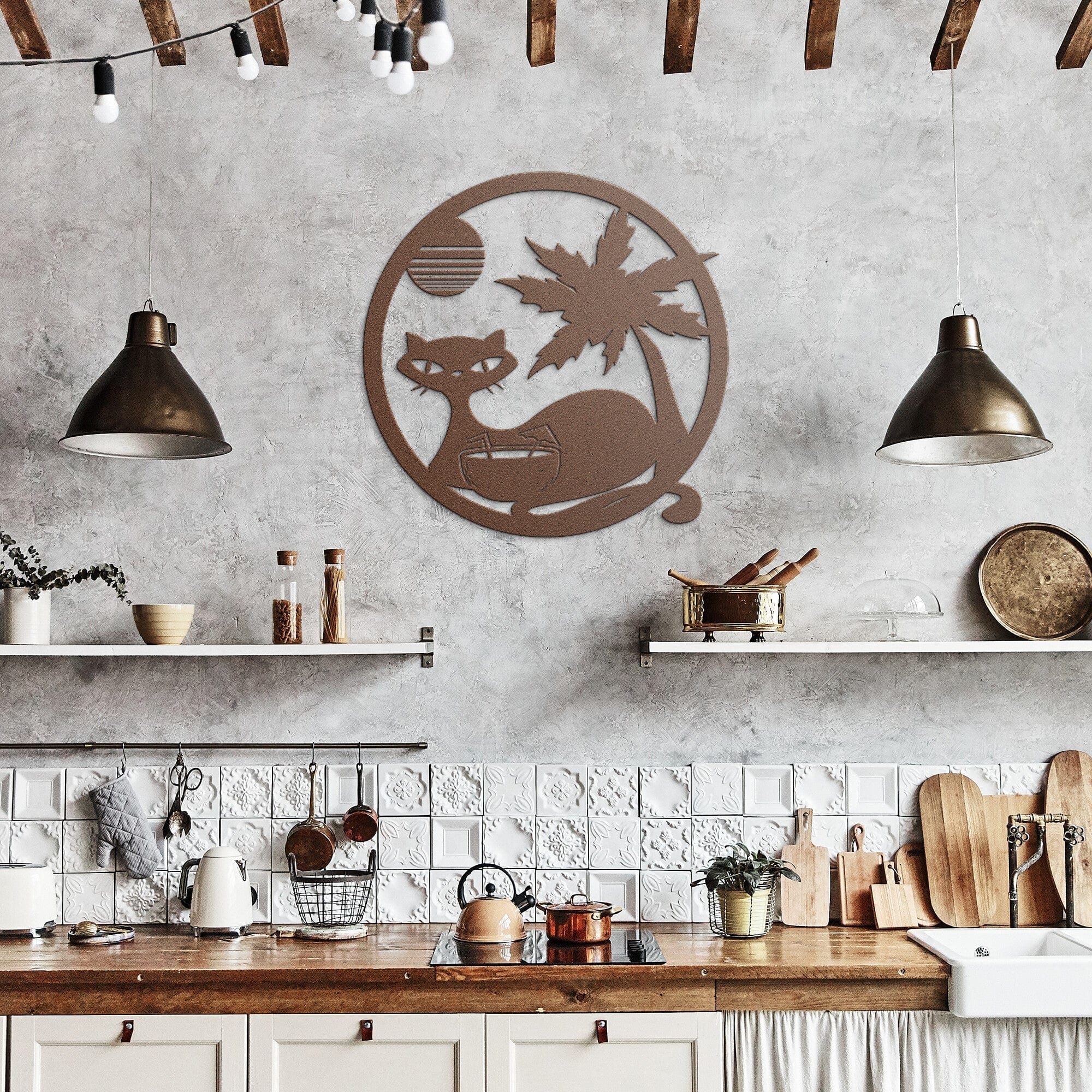 Atomic Cat, Tropical Palm Tree Decor, Retro, Poolside, Cocktail Mid Century Modern Art Wall Art