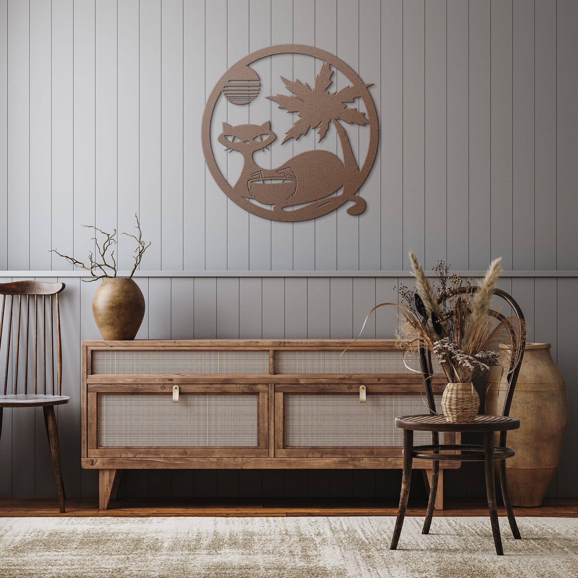 Atomic Cat, Tropical Palm Tree Decor, Retro, Poolside, Cocktail Mid Century Modern Art Wall Art