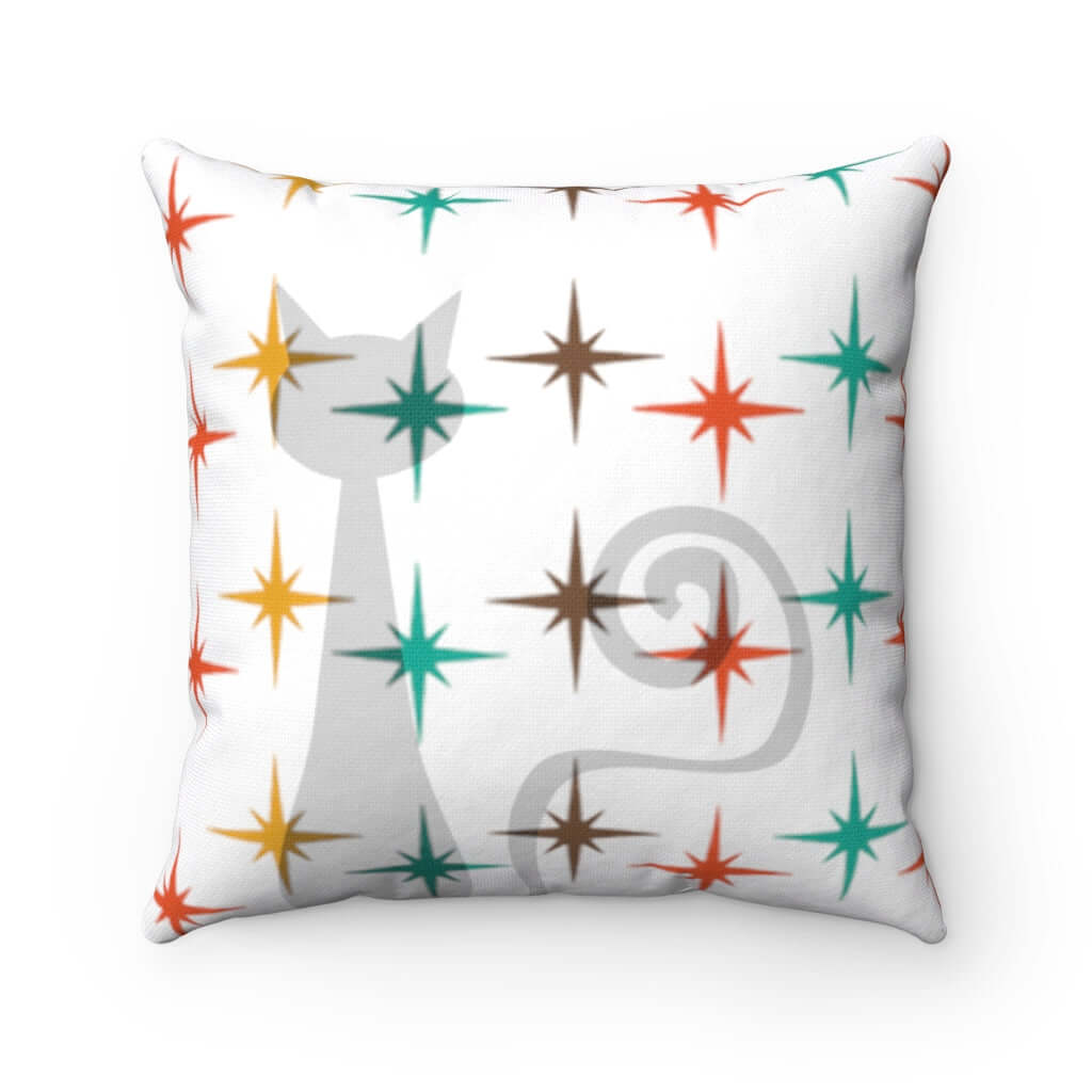 Atomic Cat Winter Home Decor, White Retro, Mid Century Modern Atomic Burst Spun Polyester Square Pillow Home Decor