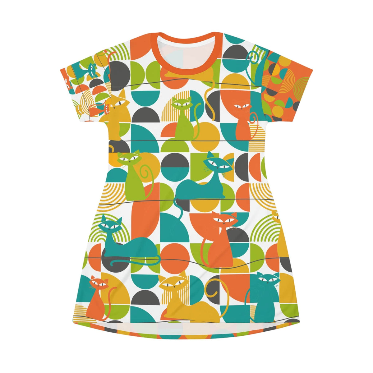 Atomic Cats, Groovy, Geometric, Bold Orange, Yellow, Teal, Funky 70's Style, Disco Party, Retro T-Shirt Dress All Over Prints