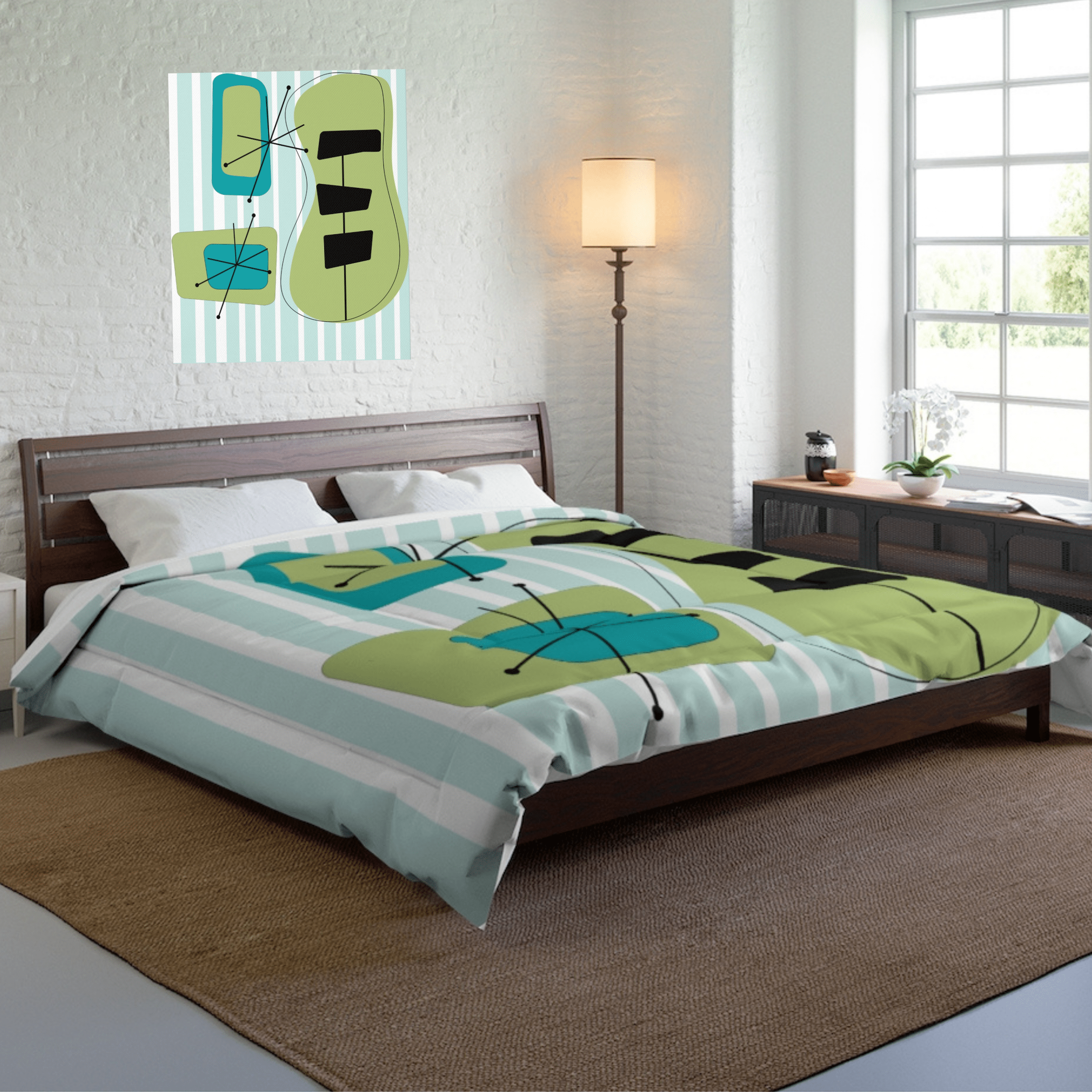 Atomic Home Living, Retro Starburst, Geometric, Blue, Green, MCM Mod King Or Queen Custom Designed Comforter Home Decor