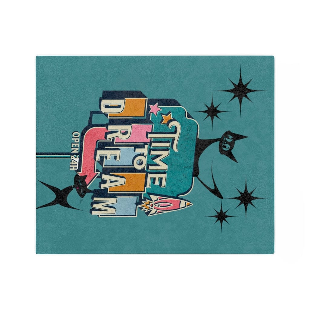 Atomic Kitty, Retro Time To Dream, Mid Mod Retro, Mid Century Modern, Turquoise, Pink, Starburst MCM Minky Velveteen Blanket Home Decor