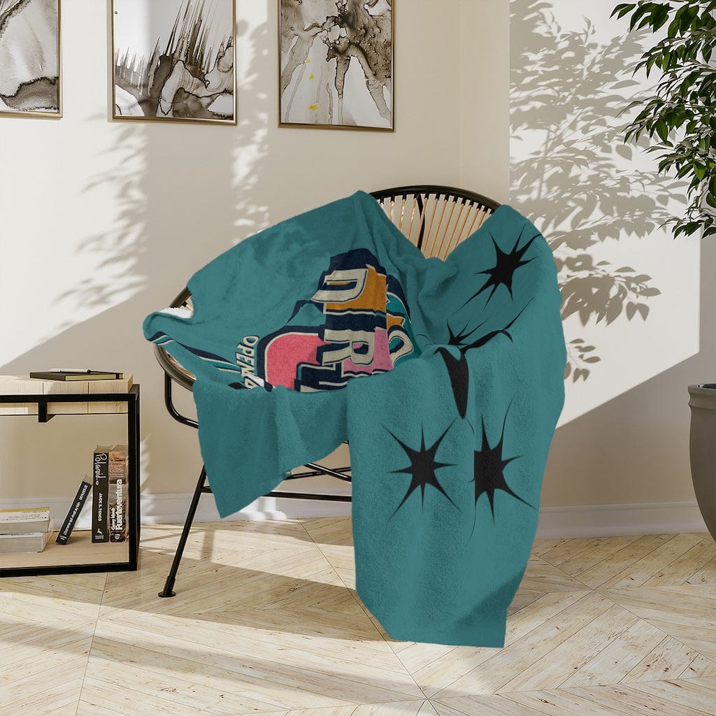 Atomic Kitty, Retro Time To Dream, Mid Mod Retro, Mid Century Modern, Turquoise, Pink, Starburst MCM Minky Velveteen Blanket Home Decor