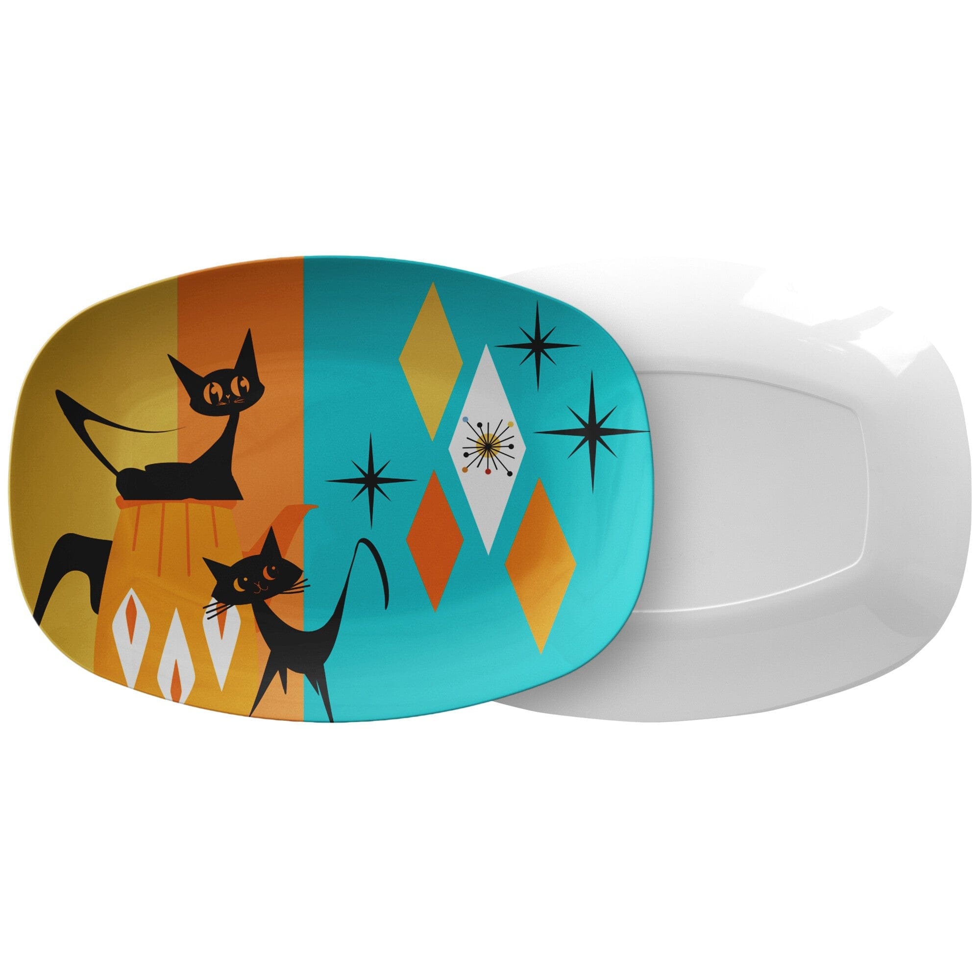 Atomic Mod Cats, Retro Party Platter, Orange, Teal, Starburst, Mid Century Modern