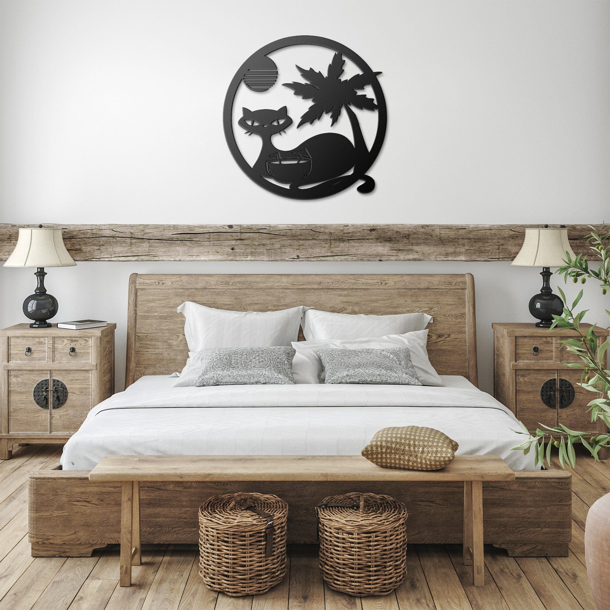 Atomic Cat, Tropical Palm Tree Decor, Retro, Poolside, Cocktail Mid Century Modern Art Wall Art Black / 12 Inch