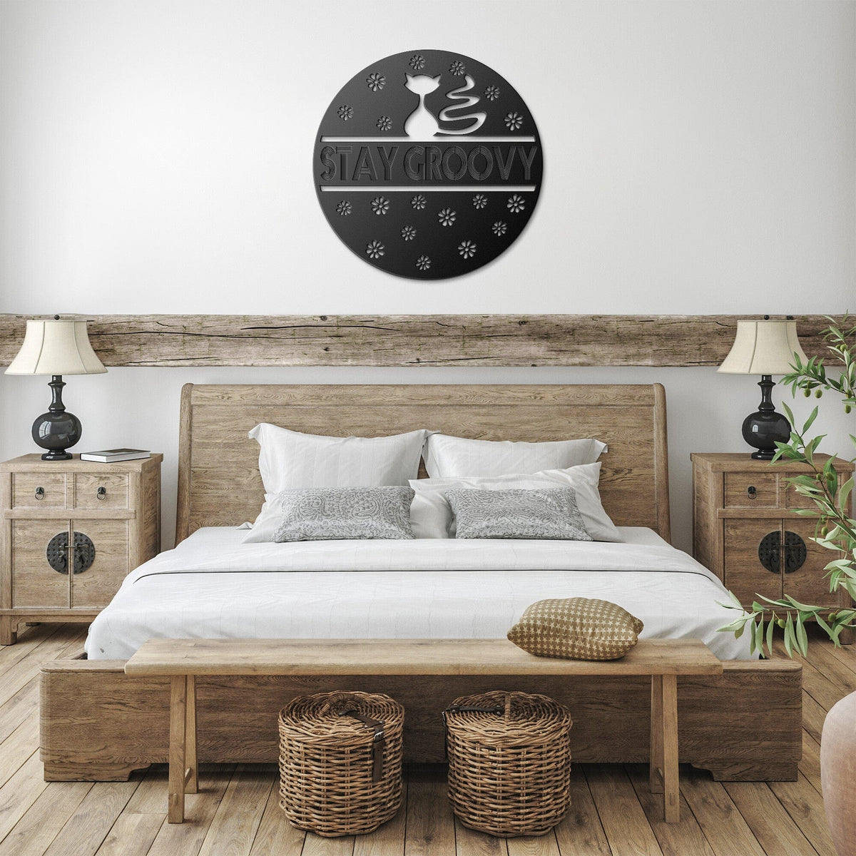 Retro 70's Stay Groovy Hippie Atomic Cat, Mod Daisy Metal Wall Art Wall Art Black / 12 Inch