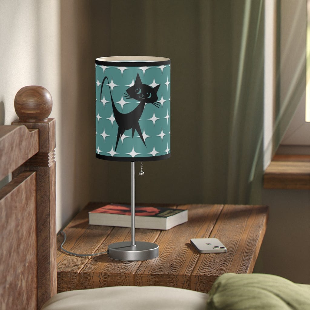 Mid Mod, Aqua Blue, White Starburst, Retro Atomic Cat, Mid Century Modern, MCM Table, Living Room, Bedroom, Office Lamp on a Stand Home Decor Black / Silver / One size