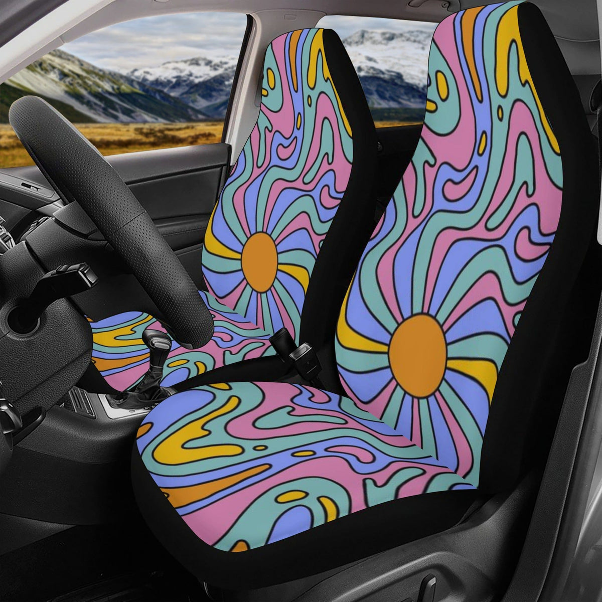 70's Retro Groovy Psychedelic Car Seat Cover Front And Back Black / Universal