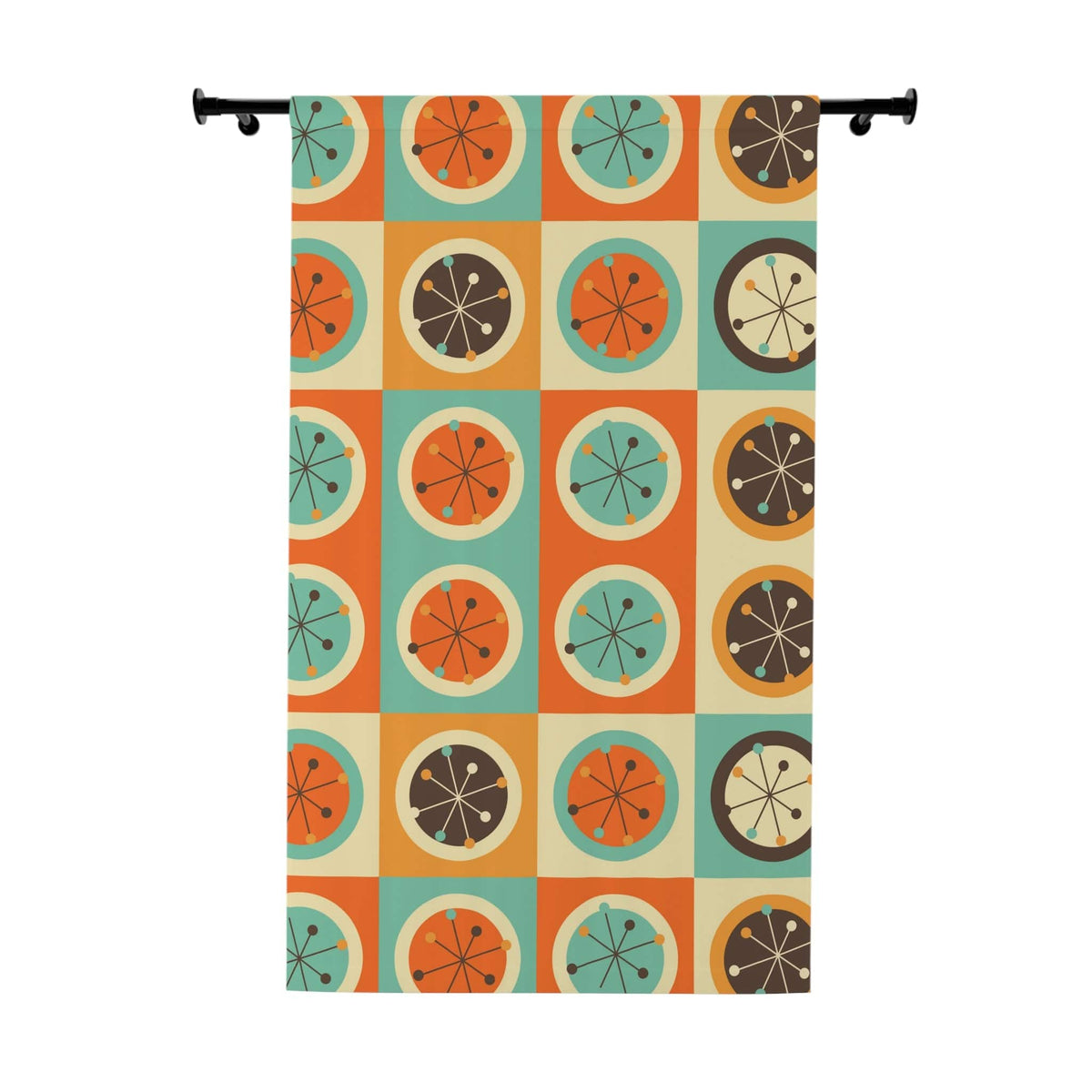 70's Retro Curtains, Bold Geometric Circles Atomic Starburst, Mid Century Modern, Aqua Blue, Burnt Orange, Mustard Yellow MCM Blackout Home Decor Blackout / 50" × 84"
