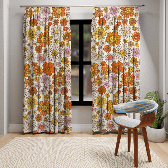 70's Vintage Style Curtains, Floral, Orange, Yellow, Pink, Retro
