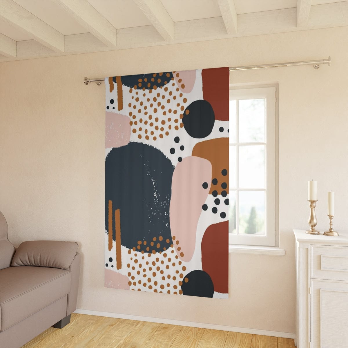 Abstract Curtain, Watercolor, Geometric Boho, Navy Blue, Terracotta, Beige, Modern Retro Bohemian, Living Room, Bedroom Window Curtain Home Decor Blackout / 50" × 84"