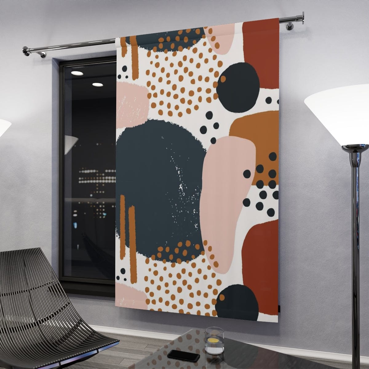 Abstract Curtain, Watercolor, Geometric Boho, Navy Blue, Terracotta, Beige, Modern Retro Bohemian, Living Room, Bedroom Window Curtain Home Decor Blackout / 50" × 84"