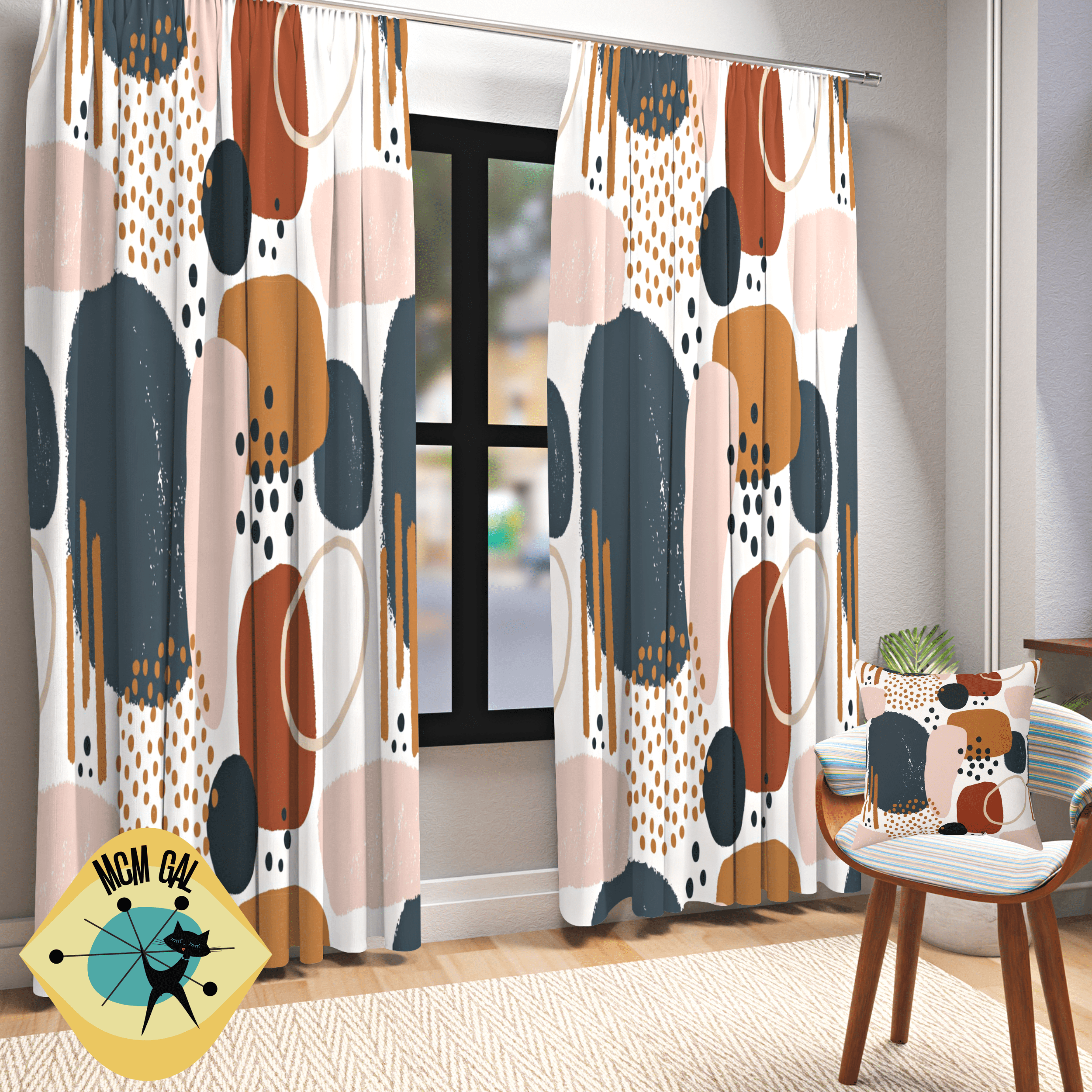 Abstract Curtain, Watercolor, Geometric Boho, Navy Blue, Terracotta, Beige, Modern Retro Bohemian, Living Room, Bedroom Window Curtain Home Decor Blackout / 50" × 84"