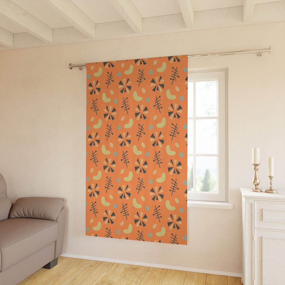 Atomic Boomerang, Mod Orange, Yellow, Gray Pinwheel, Abstract Mid Century Modern, Palms Springs Style Retromania Window Curtains Home Decor Blackout / 50" × 84"