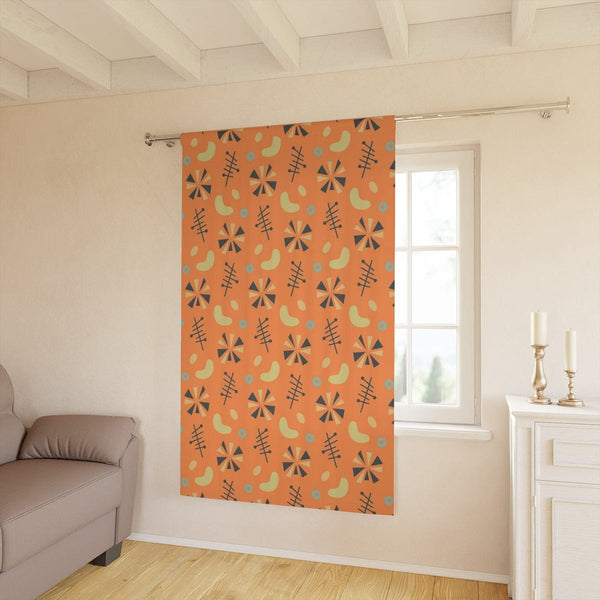 Atomic Boomerang, Mod Orange, Yellow, Gray Pinwheel, Abstract Mid Century Modern, Palms Springs Style Retromania Window Curtains