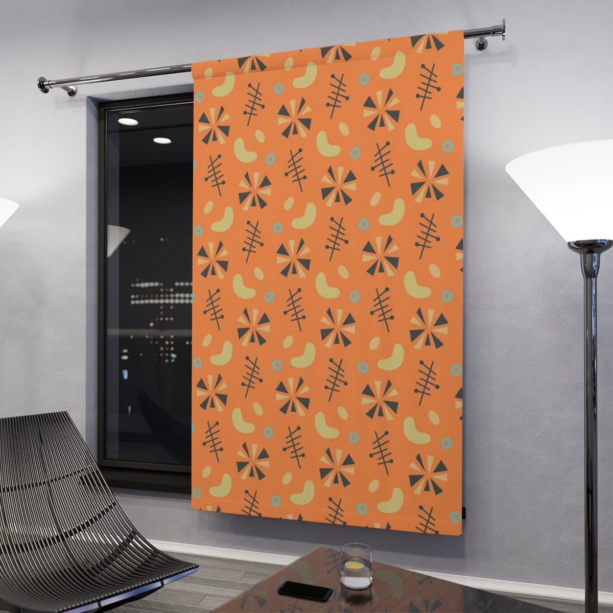 Atomic Boomerang, Mod Orange, Yellow, Gray Pinwheel, Abstract Mid Century Modern, Palms Springs Style Retromania Window Curtains Home Decor Blackout / 50" × 84"