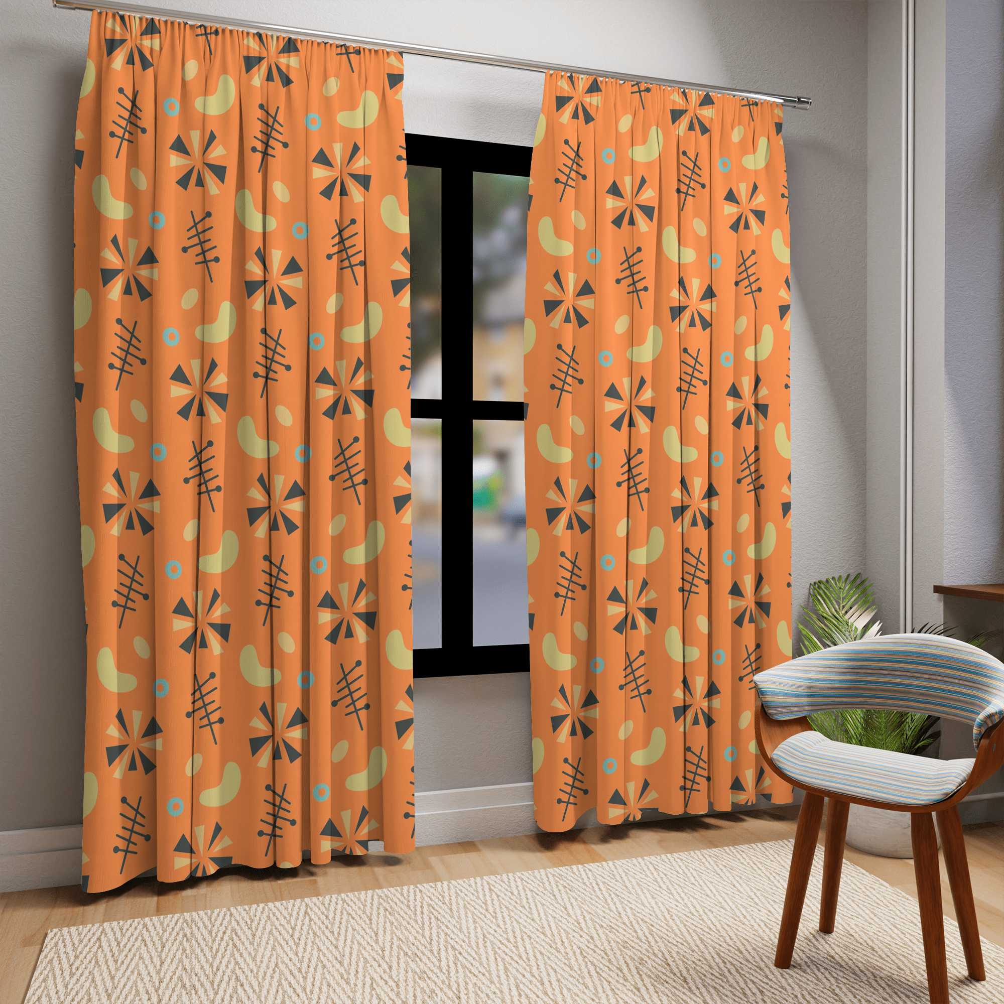 Atomic Boomerang, Mod Orange, Yellow, Gray Pinwheel, Abstract Mid Century Modern, Palms Springs Style Retromania Window Curtains Home Decor Blackout / 50" × 84"