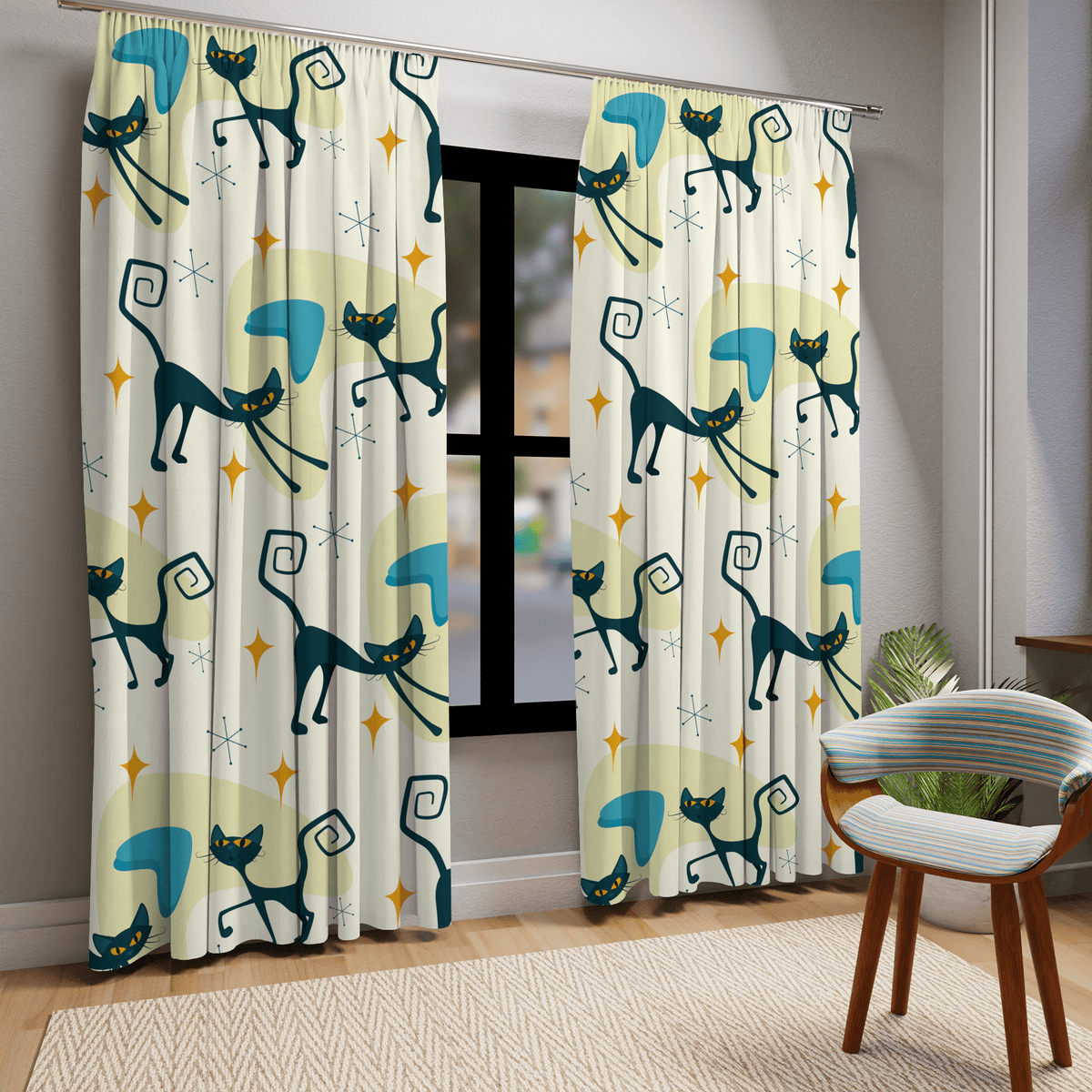 Atomic Cat Curtains, Beige, Yellow, Blue Boomerangs, Starburst, Kitschy Cute, Retro Bedroom, Livingroom, Kitchen, Blackout Window Panels Home Decor Blackout / 50" × 84"