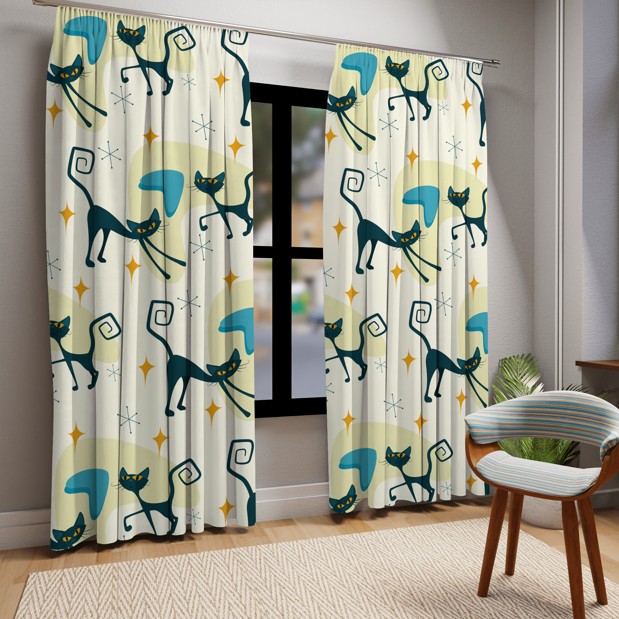 Atomic Cat Curtains, Beige, Yellow, Blue Boomerangs, Starburst, Kitschy Cute, Retro Bedroom, Livingroom, Kitchen, Blackout Window Panels Home Decor Blackout / 50" × 84"