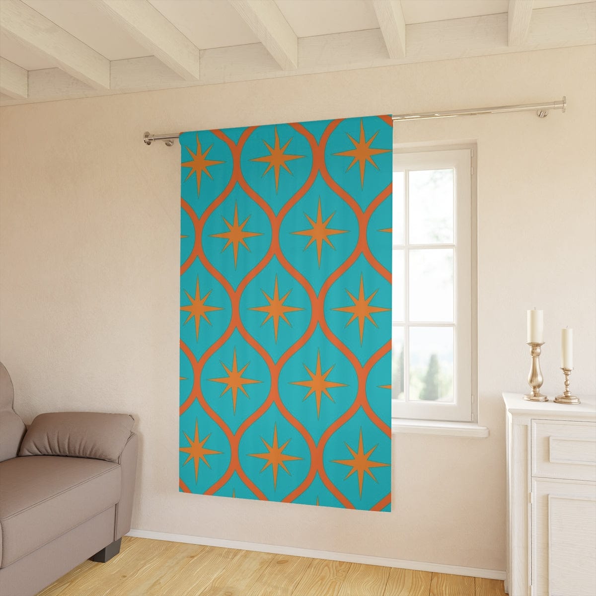 Mid Century Modern, Aqua Blue, Orange Mod Starburst, Retro Window Curtains Home Decor Blackout / 50" × 84"