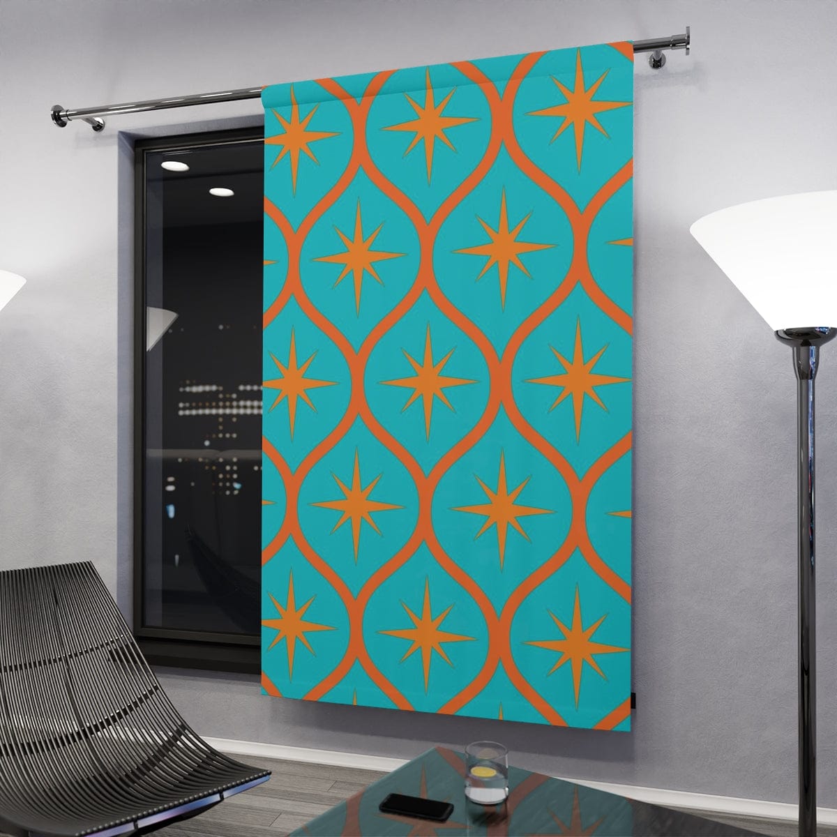 Mid Century Modern, Aqua Blue, Orange Mod Starburst, Retro Window Curtains Home Decor Blackout / 50" × 84"