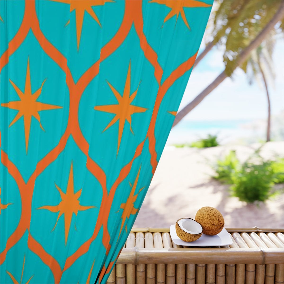 Mid Century Modern, Aqua Blue, Orange Mod Starburst, Retro Window Curtains Home Decor Blackout / 50" × 84"