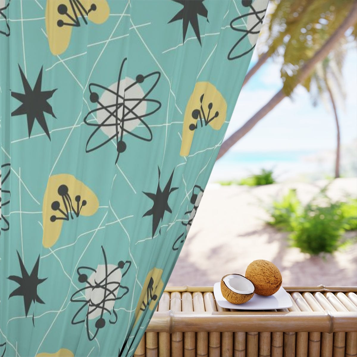 Mid Century Modern Aqua Blue, Sonic, Boomerang, Retro Starburst, MCM Window Curtains Home Decor Blackout / 50" × 84"