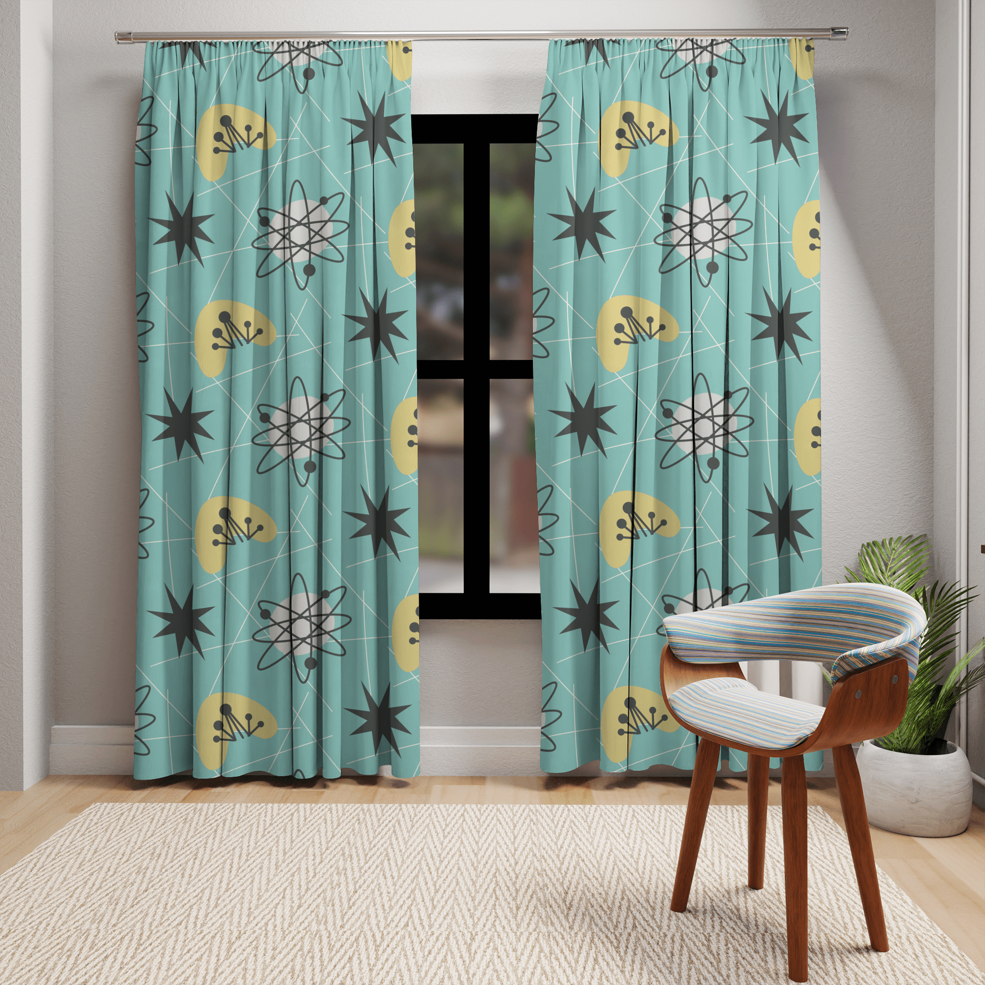 Mid Century Modern Aqua Blue, Sonic, Boomerang, Retro Starburst, MCM Window Curtains Home Decor Blackout / 50" × 84"