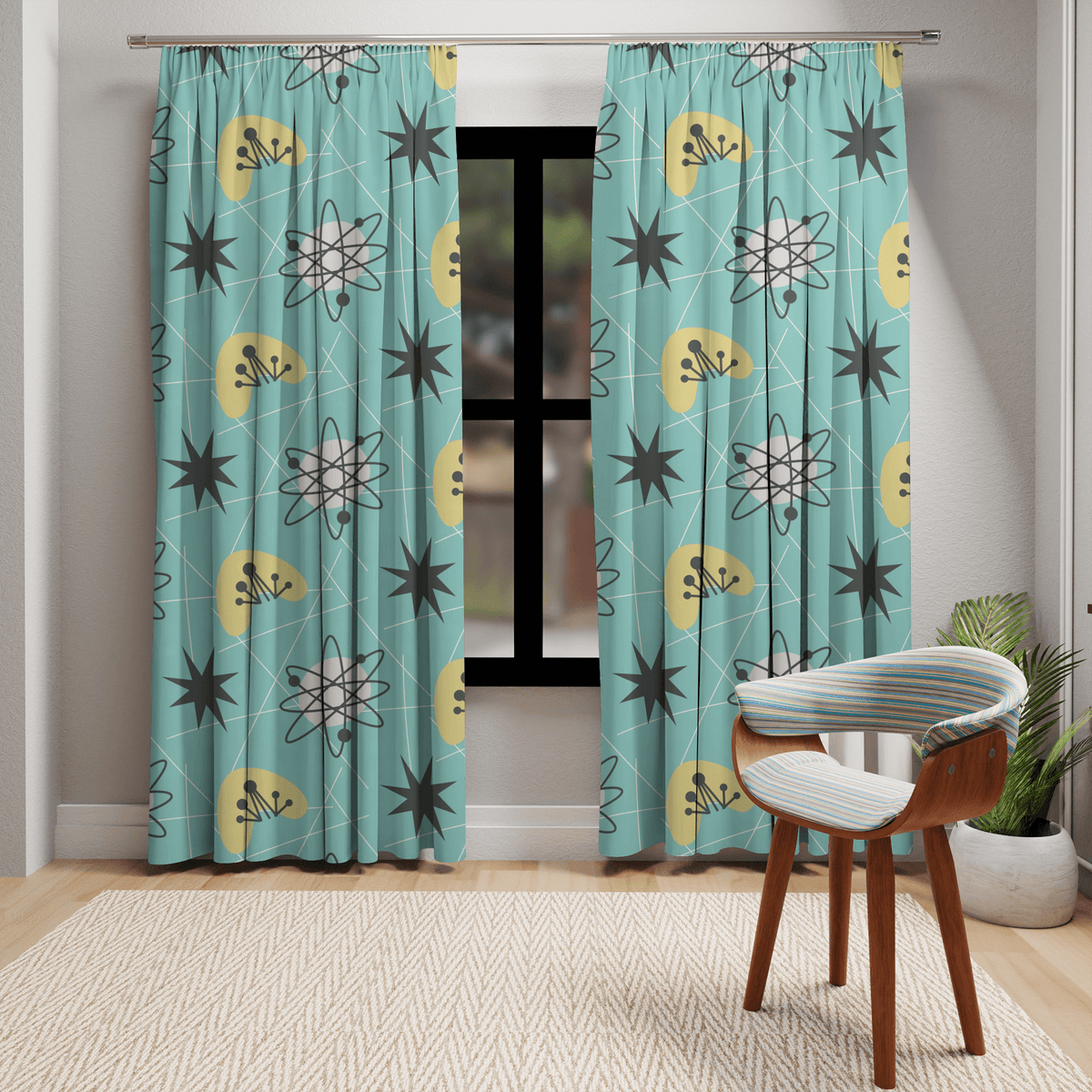 Mid Century Modern Aqua Blue, Sonic, Boomerang, Retro Starburst, MCM Window Curtains Home Decor Blackout / 50" × 84"