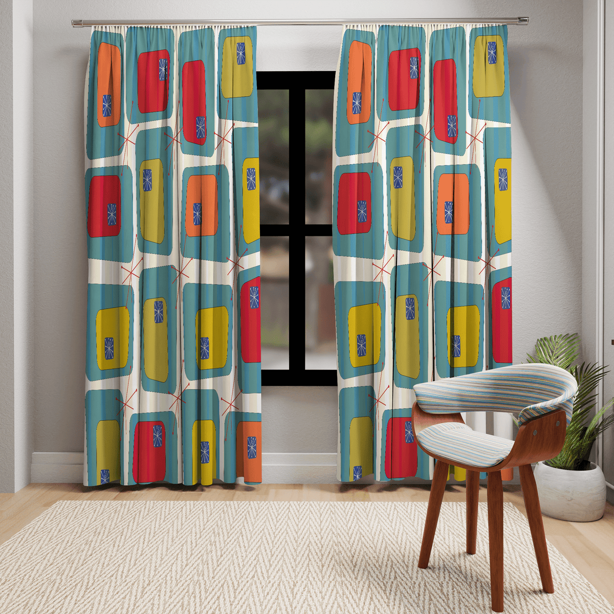 Mid Century Modern, Color Block, Tropical Hotel Vibes, Retro, Blue, Green, Orange, Mustard Yellow, Atomic 50's Window Curtains Home Decor Blackout / 50" × 84"