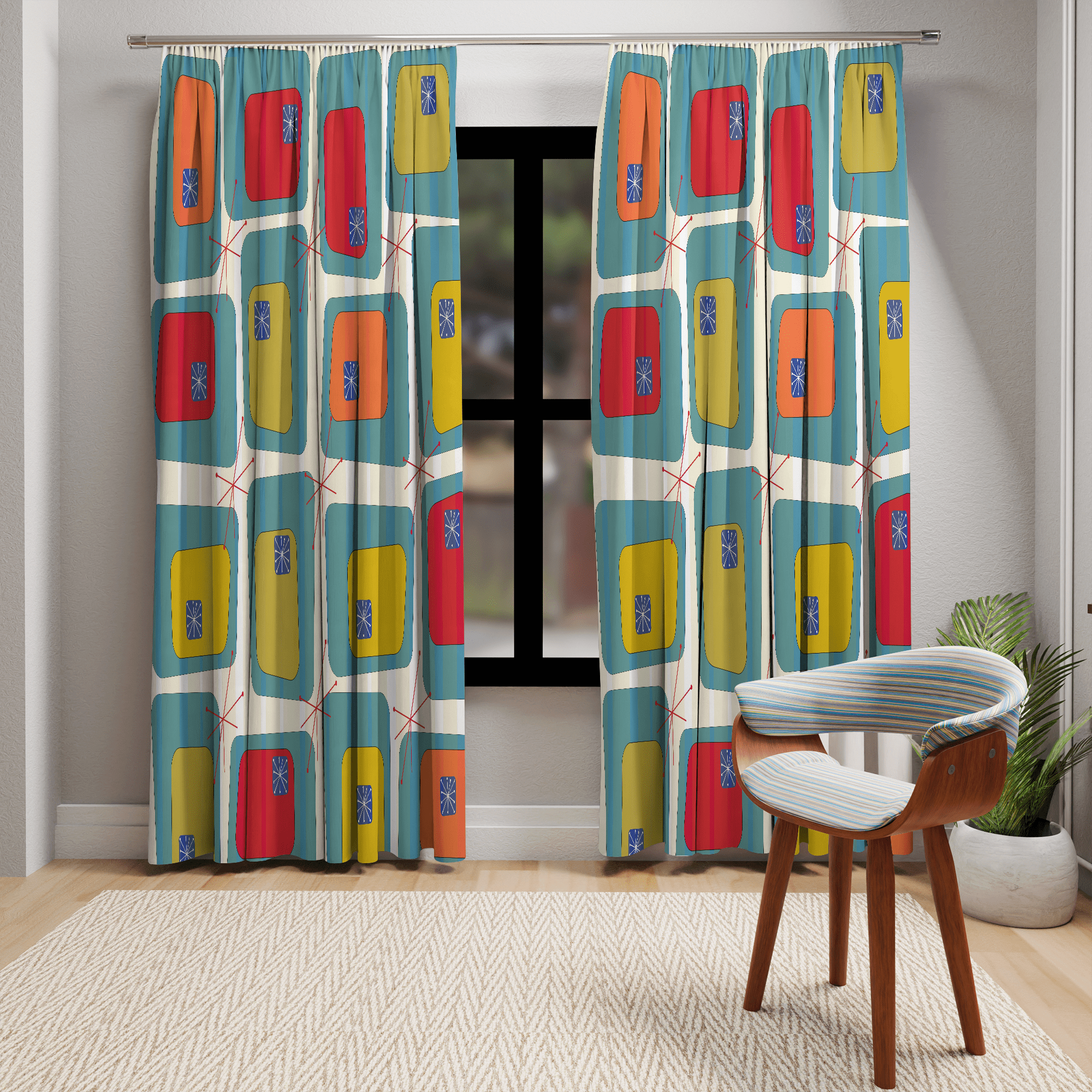 Mid Century Modern, Color Block, Tropical Hotel Vibes, Retro, Blue, Green, Orange, Mustard Yellow, Atomic 50&