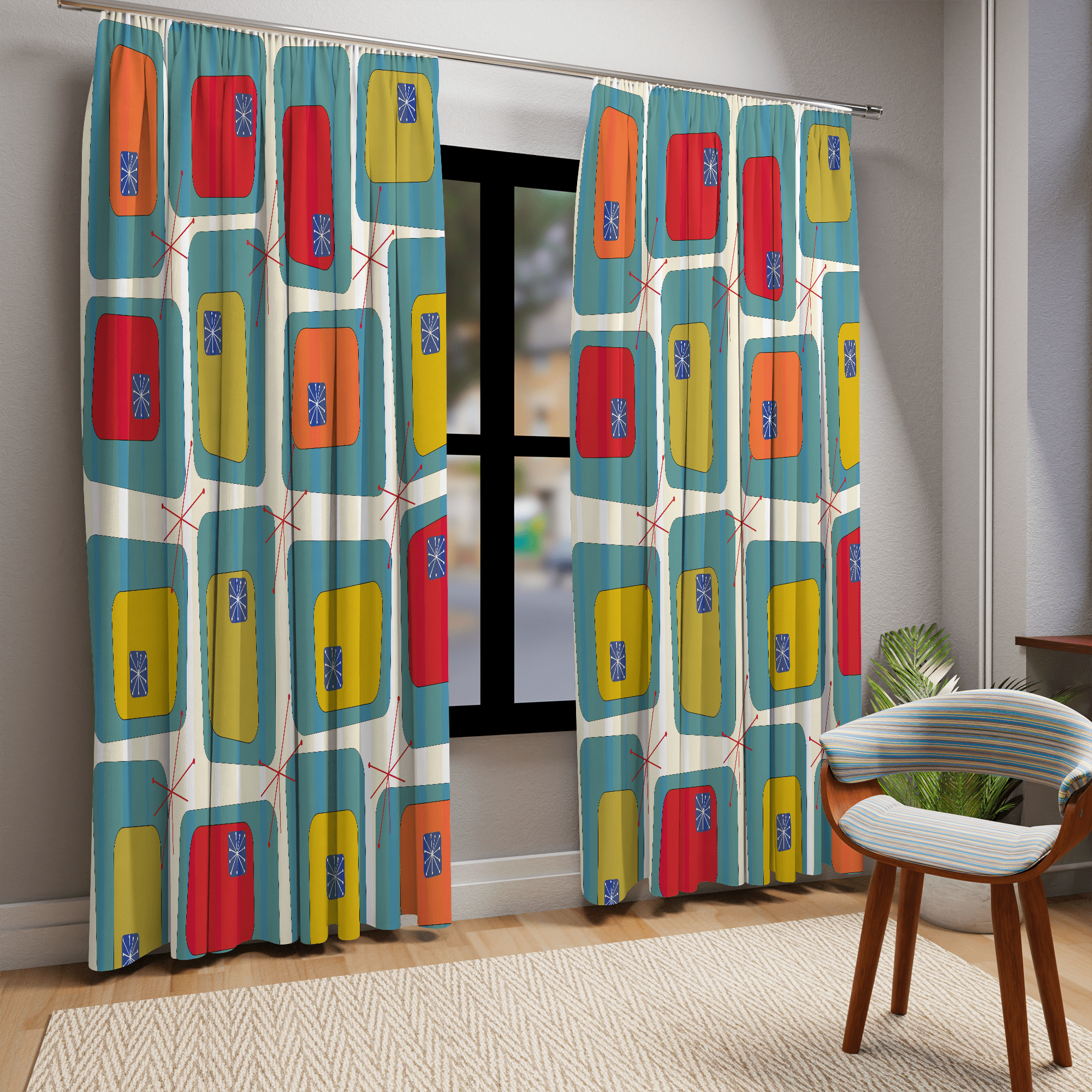 Mid Century Modern, Color Block, Tropical Hotel Vibes, Retro, Blue, Green, Orange, Mustard Yellow, Atomic 50&