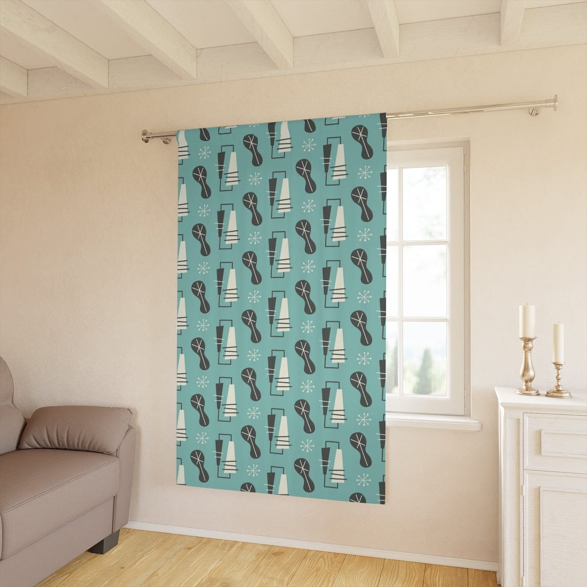 Mid Century Modern Curtains, Atomic 50's Abstract, Geometric Retro, Blue, Gray, White, Blackout Window Curtains Home Decor Blackout / 50" × 84"