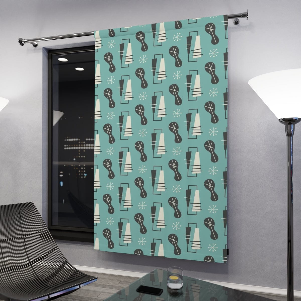 Mid Century Modern Curtains, Atomic 50's Abstract, Geometric Retro, Blue, Gray, White, Blackout Window Curtains Home Decor Blackout / 50" × 84"