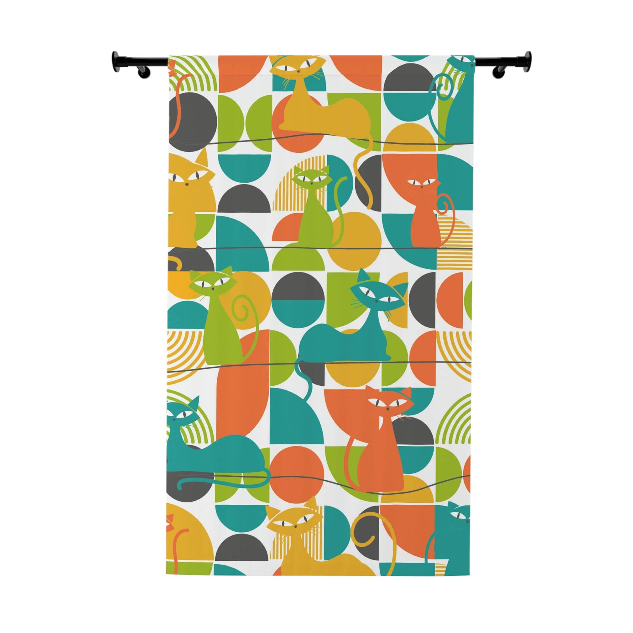 Mid Century Modern Curtains, Atomic Kitties, Geometric, Bold, Colorful, Orange, Teal, Yellow, Funky Fun, Kitsch Retro Window Curtains Home Decor Blackout / 50" × 84"