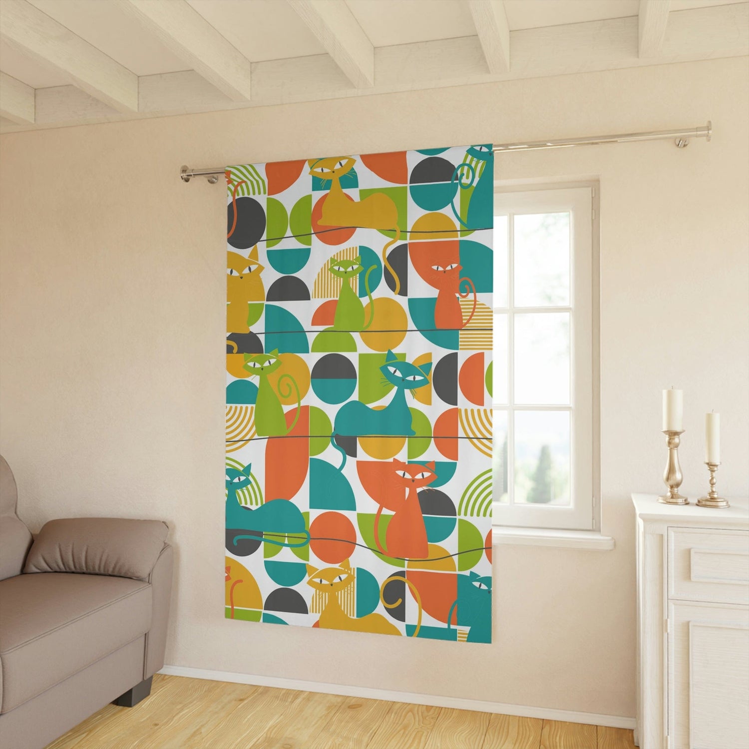 Mid Century Modern Curtains, Atomic Kitties, Geometric, Bold, Colorful, Orange, Teal, Yellow, Funky Fun, Kitsch Retro Window Curtains Home Decor Blackout / 50" × 84"